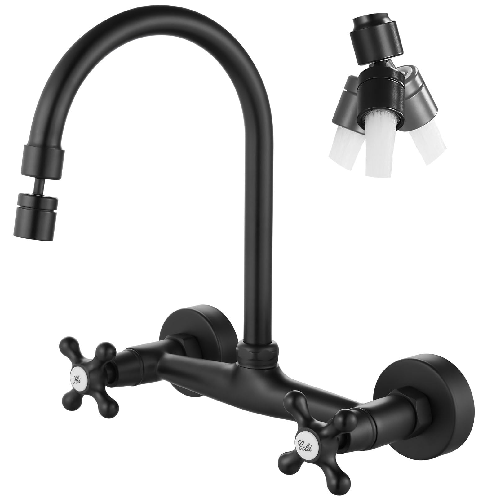 Airuida Wall Mount Kitchen Faucet With Sprayer Wall Mounted Kitchen Sink Faucet Double Cross Handles 360 Degree Swivel Spout Restaurant Mixer Tap Commercial 8 Inch Center Matte Black