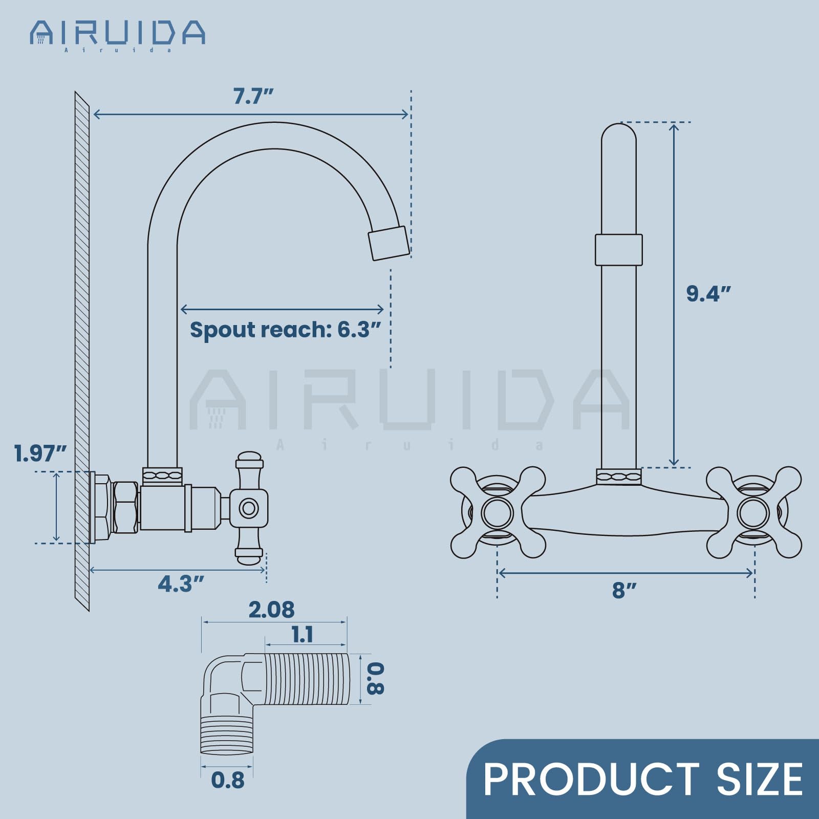 Airuida Brushed Nickel Wall Mounted Kitchen Faucet 8 Inch Center Wall Mount Commercial Sink Faucet 360 Degree Swivel Spout Utility Laundry Restaurant Sink Tap With 2 Handles