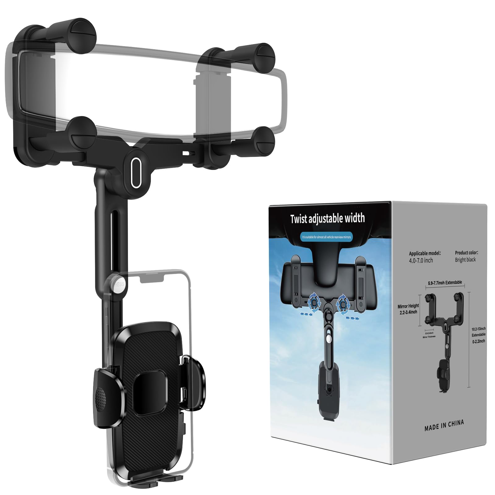 Jdhdl Phone Mount For Car, Rear View Mirror Phone Holder, Rotatable And Retractable Phone Holder For Car Compatible With Iphone Samsung All 4-7 Inch Cell Phones