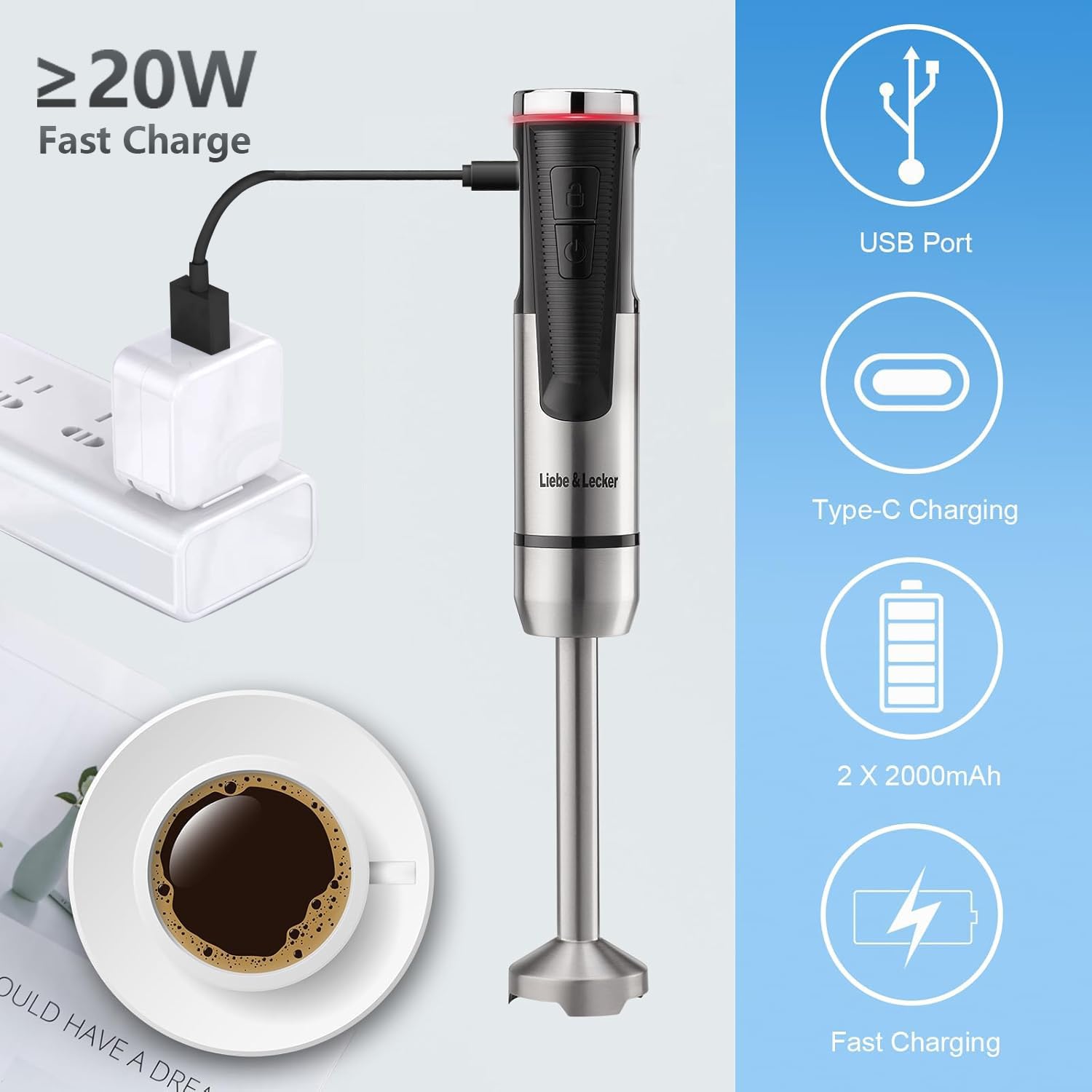 Liebe&Lecker Cordless Hand Blender, Immersion Blender Handheld Usb Rechargeable 8 Variable Speeds With Whisk, Milk Frother Attachments, Portable Stick Mixed For Milkshakes, Smoothies & Soups.
