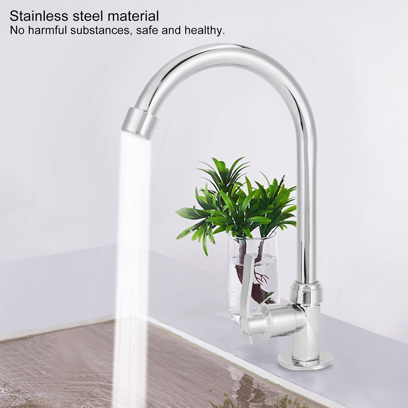 Omabeta G1/2 Single Handle High Arc Faucet Home Kitchen Single Cold Water Faucet Wash Basin Stainless Steel Rotatable Sink Faucet