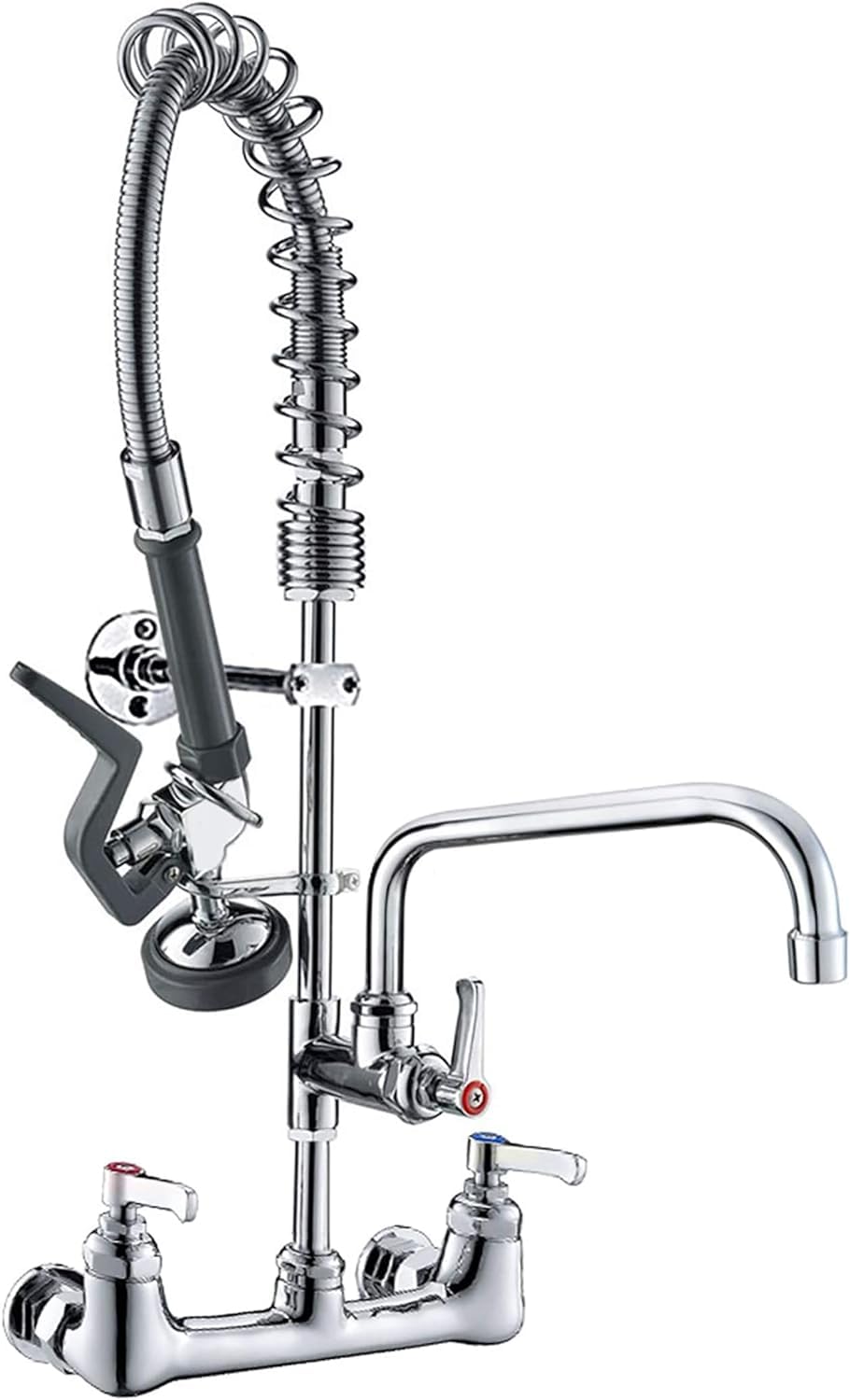 Bestjeef Commercial Wall Mount Kitchen Sink Faucet Brass Constructed Polished Chrome Pre-Rinse Device 25" Height 8" Center With Spring Pull Down Sprayer And 12" Add-On Spout (25 Inches)