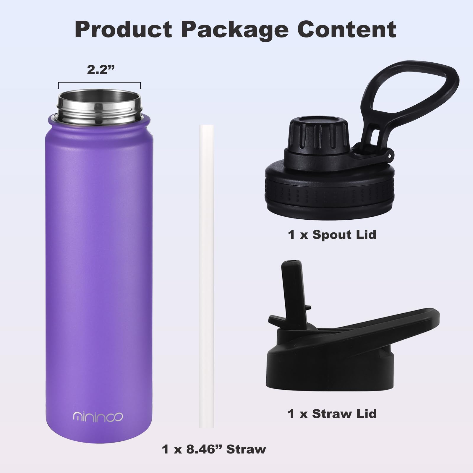 Mininoo 24 Oz Insulated Water Bottle With Straw, Stainless Steel Double Wall Vacuum Thermos