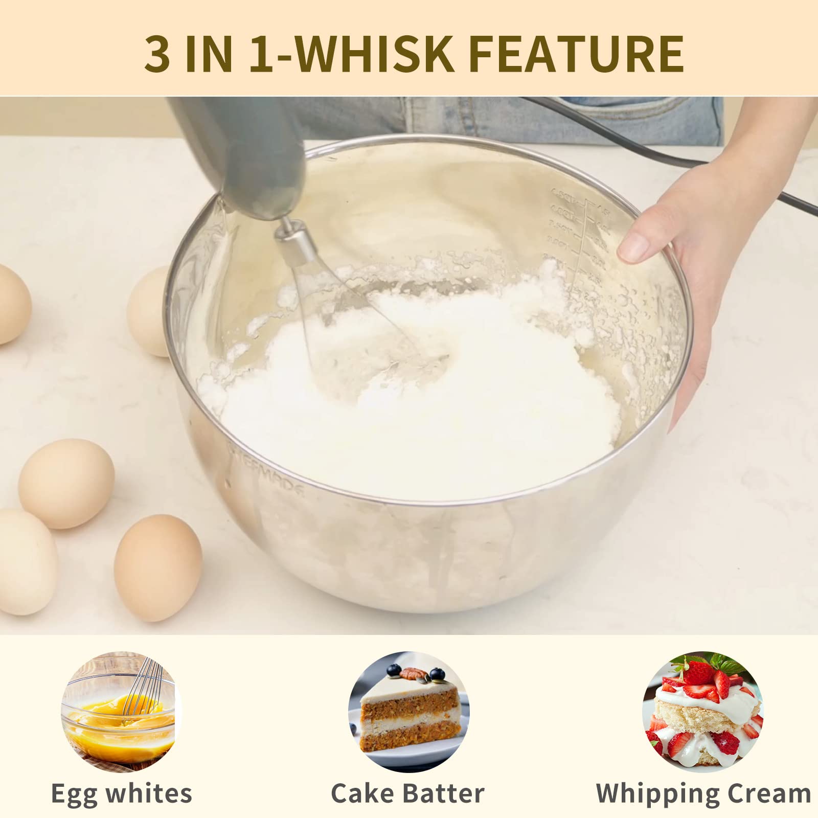 La Reveuse Immersion Blender Handheld, 3 In 1, 300 Watts 2 Speeds Multi-Purpose With Whisk,Mixing Beaker,Food Chopper Grinder Attachments