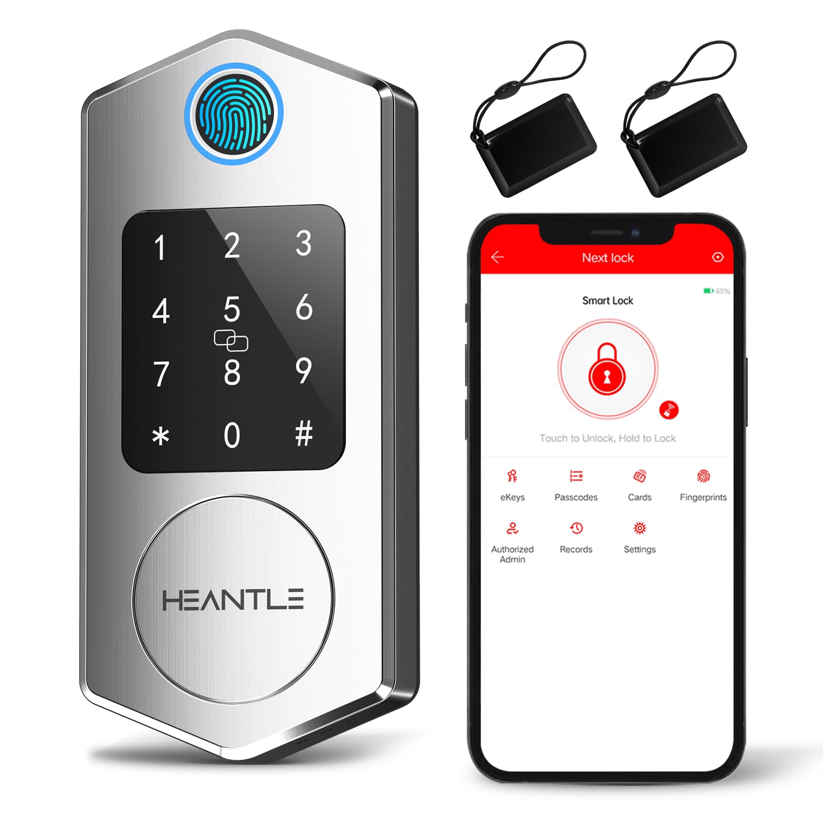 Heantle Smart Keyless Entry Door Lock: Fingerprint Deadbolt Smart Locks For Front Door Alexa Compatible Silver