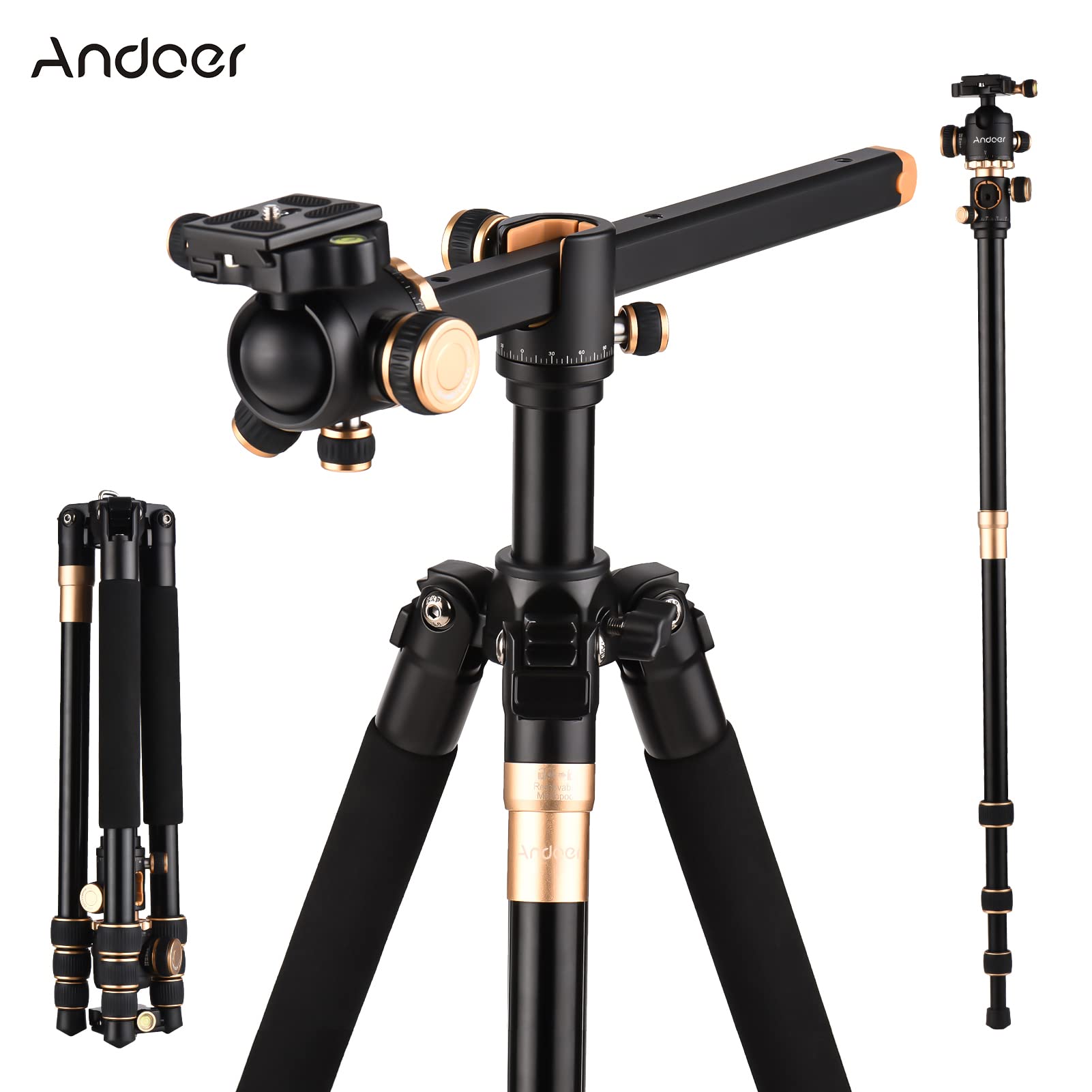 Andoer 184Cm Portable Photography Tripod Horizontal Camera Tripod Stand Monopod Aluminum Alloy 8Kg Load Capacity With 360° Rotatable Ballhead Carrying Bag For Dslr Camera Camcorder Smartphone