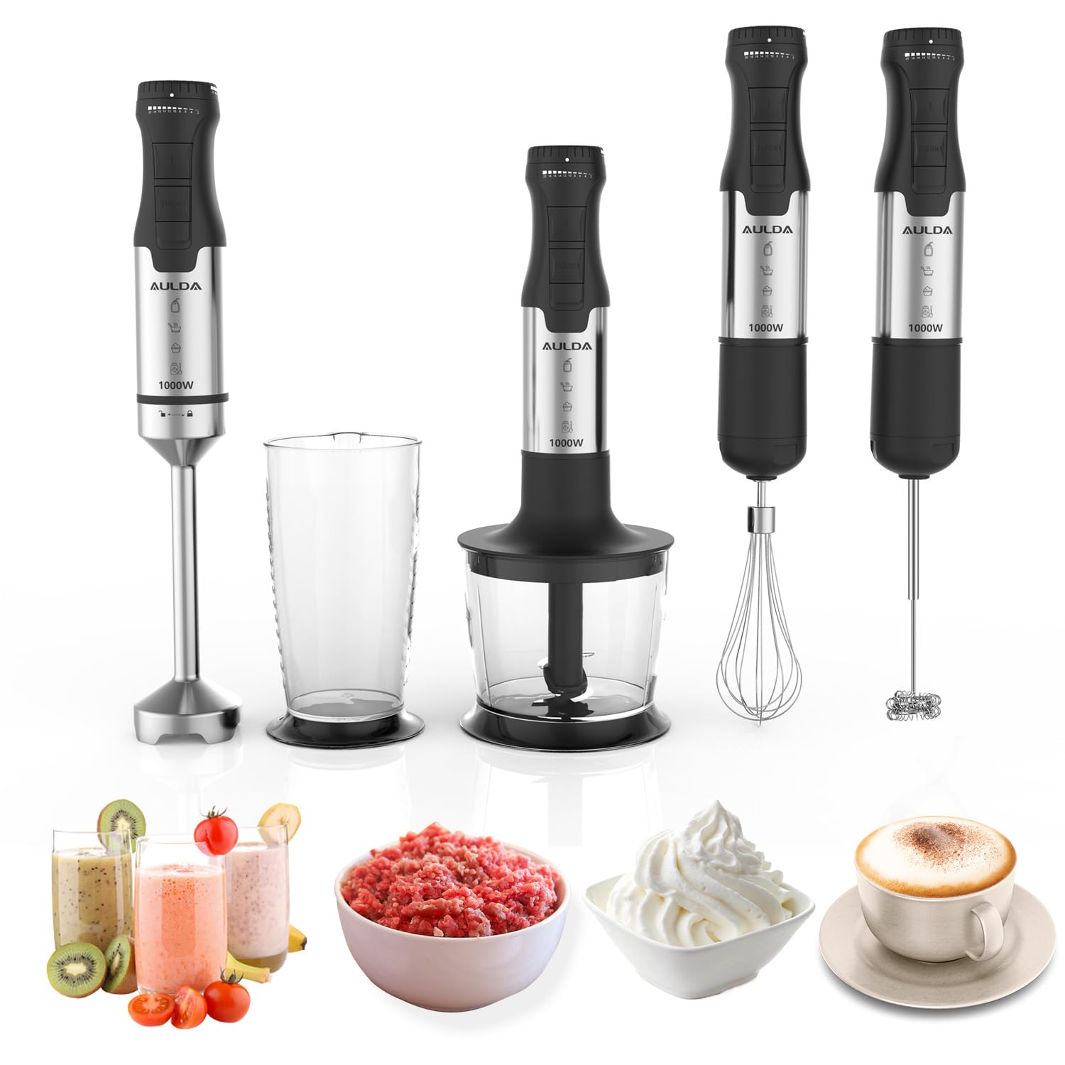 Aulonda 1000W 5-In-1 Immersion Hand Blender 20 Speeds, Stainless Steel Stick Blender With Mixing Beaker, Chopper Bowl, Milk Frother, Egg Whisk For Smoothie, Baby Food, Sauces Red,Puree, Soup