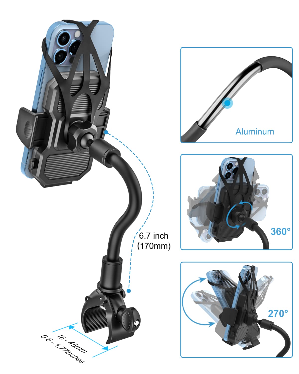 Woleyi Gooseneck Stroller Phone Holder, Cell Phone Mount Pole Clamp For Baby Stroller, Shopping Cart, Wheelchair, One Hand Operation Phone Clip, For Iphone 16 15 Pro Max 14 13 12 11, Android, All Smartphones
