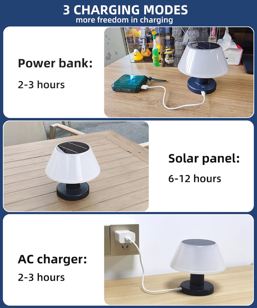 Haoyishu Table Lamp Outdoor Indoor, 4-Way Dimmable Usb Rechargeable Led Bedside Lamp, Solar Powered Waterproof Table Lamp For Patio Garden, Cordless Nightstand Lamp For Bedroom Living Room Cafe Hotel