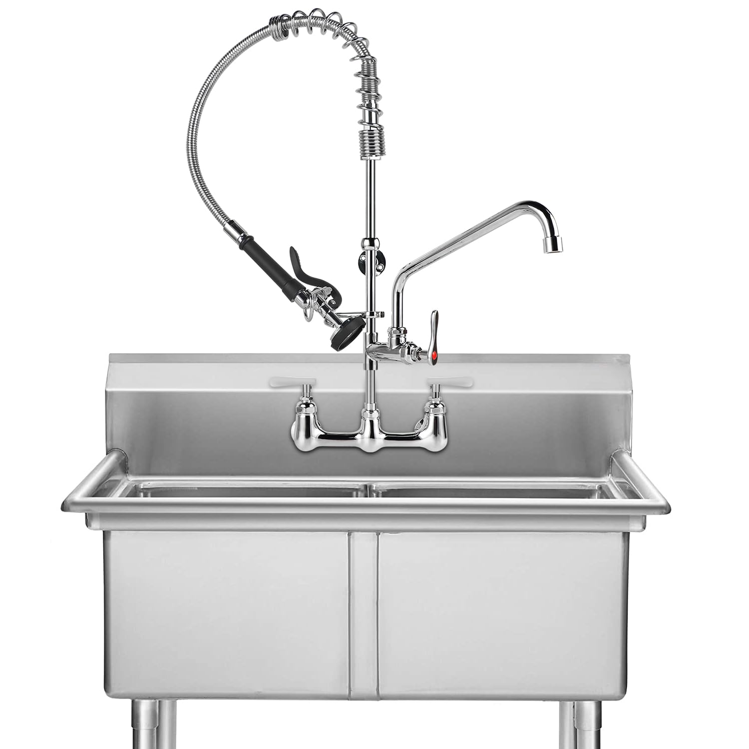 Kwode Commercial Kitchen Faucet With Pre Rinse Sprayer 8 Inch Center Wall Mount Sink Faucet 27" Height 12" Swivel Spout Pull Down Spray Faucet For Restaurant Industrial Compartment Sink, Brass Chrome