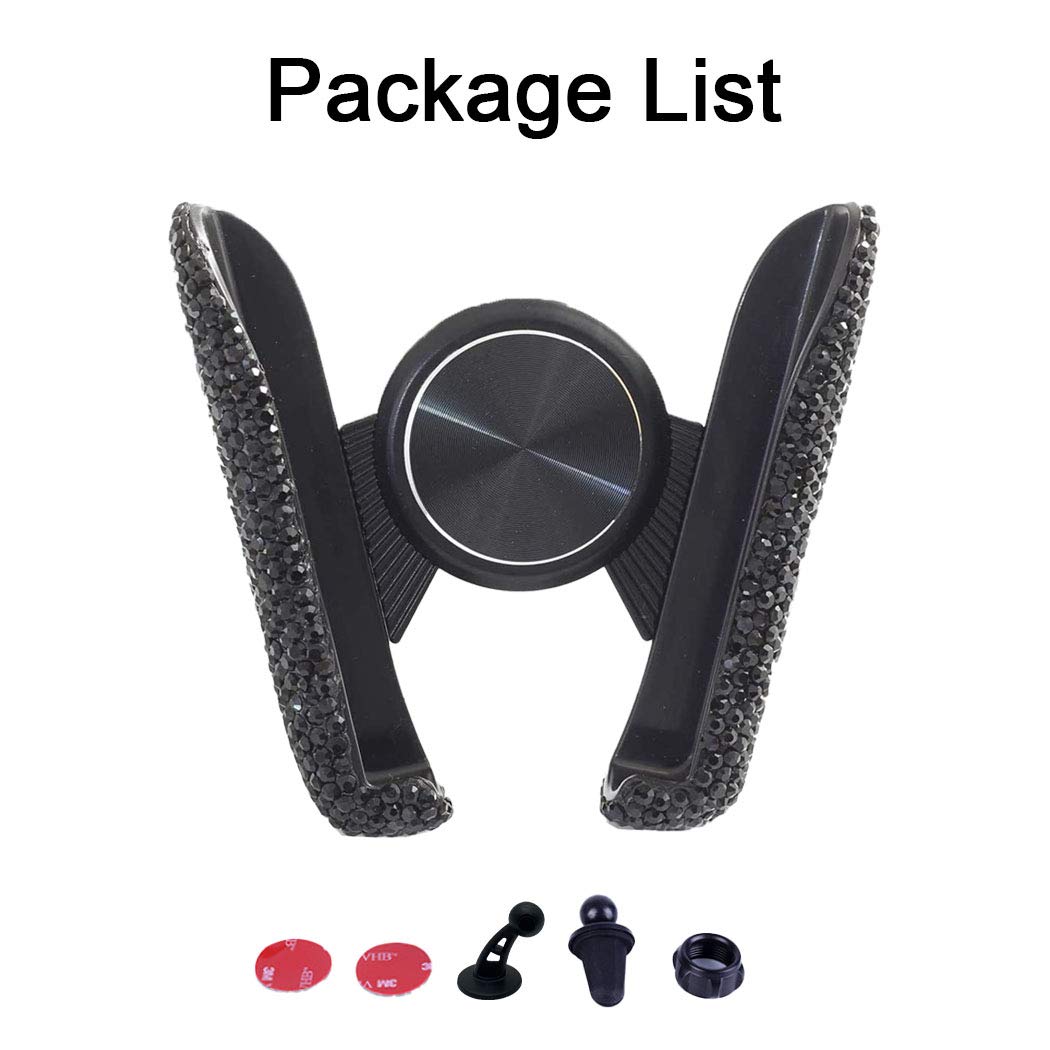 Suncaraccl Bling Car Phone Holder Mini Dash Air Vent Automatic Mount Universal 360°Adjustable Crystal Auto Stand Accessories For Women And Girls (Black)