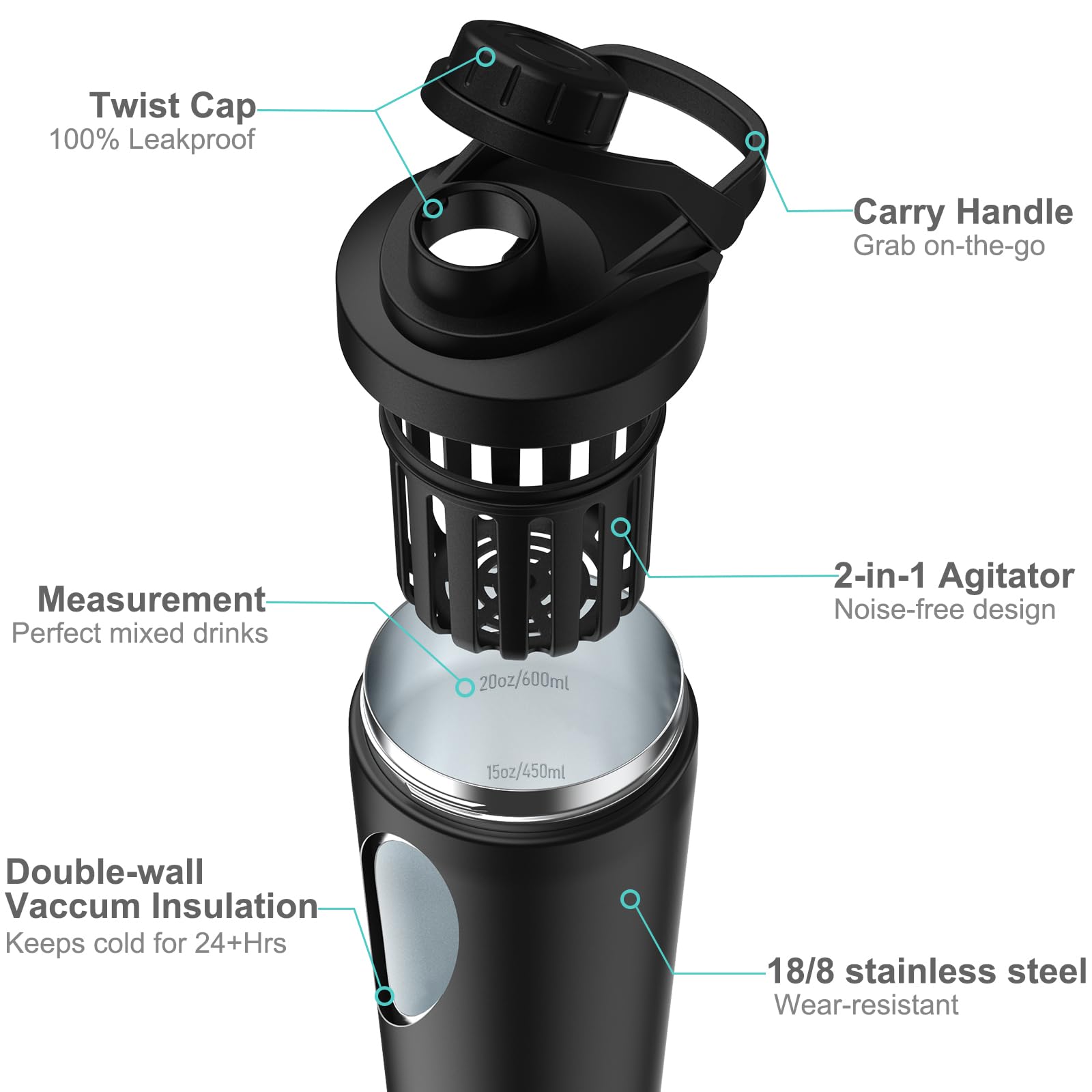 Stainless Steel Shaker Bottle With Noise- Design - Patented 24 Oz Insulated Metal Shakers