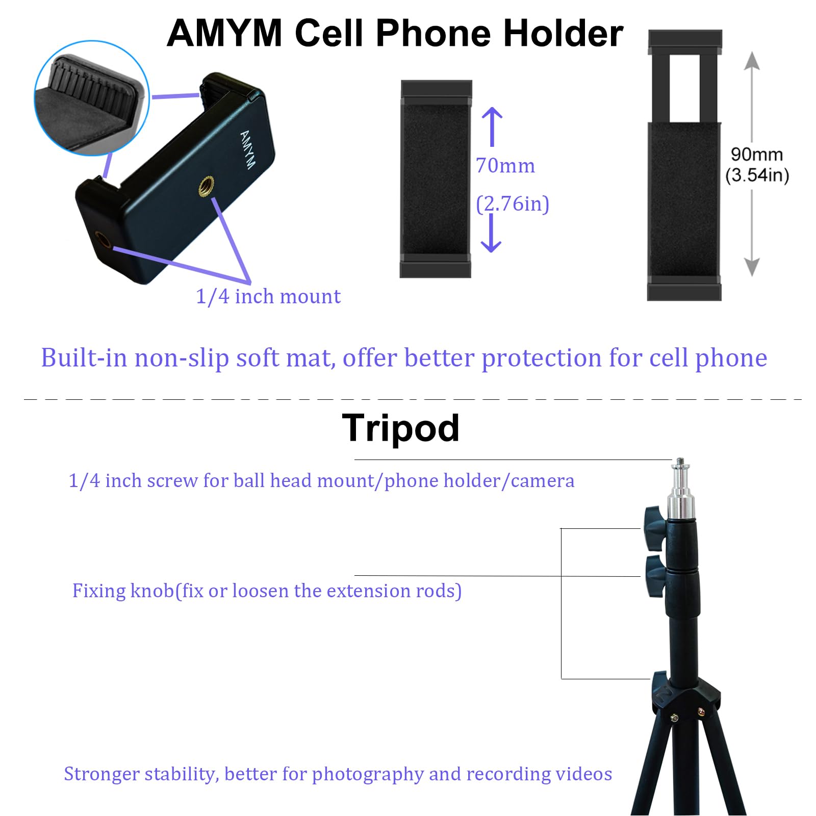 Amym 82.6 Inch Tall Tripod For Most Cell Phone, Lightweight Camera And Action Cameras, Ultra High Tripod With Dual Cell Phone Clips For Iphone 14 Pro Max, 13 Pro Max, Galaxy S23 Ultra, S23+ And More
