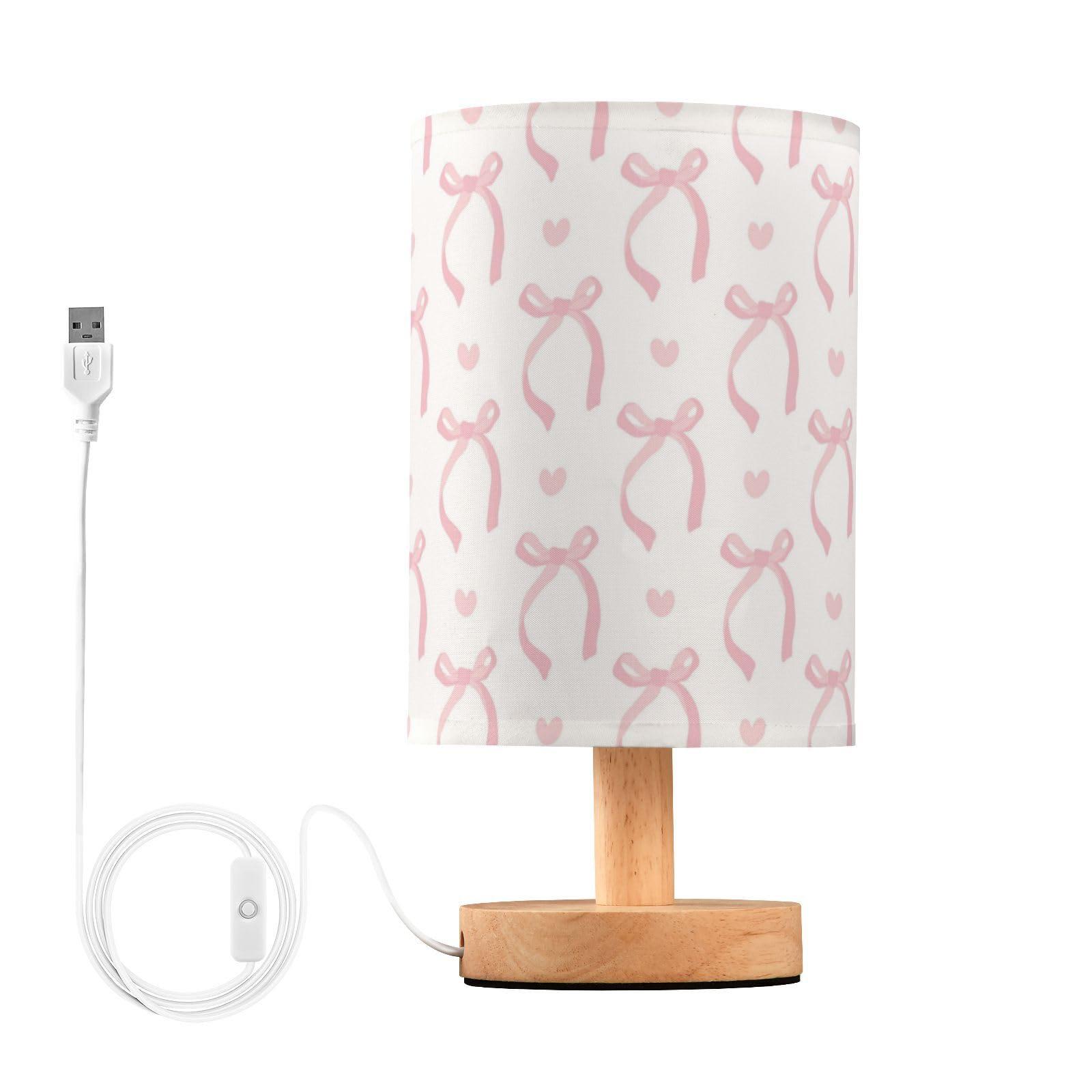 Wusikd Cute Pink Table Lamp Ribbon Bow Led Desk Light Usb Nightstand Lamp With Non Slip Wood Base & Eye-Friendily Lampshade For Living Room Bedroom Dorm Home Office Desk Decor