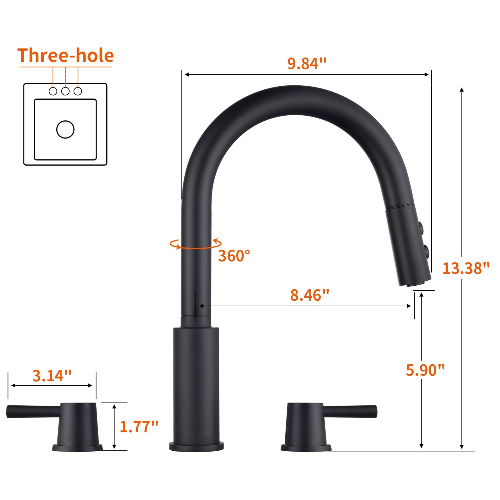 Rulia Kitchen Faucet, 2 Handles Kitchen Sink Faucet, 3 Holes Sink Faucet, Pull Down Kitchen Faucets, Bar Kitchen Faucet, Matte Black, Stainless Steel, Rb1064