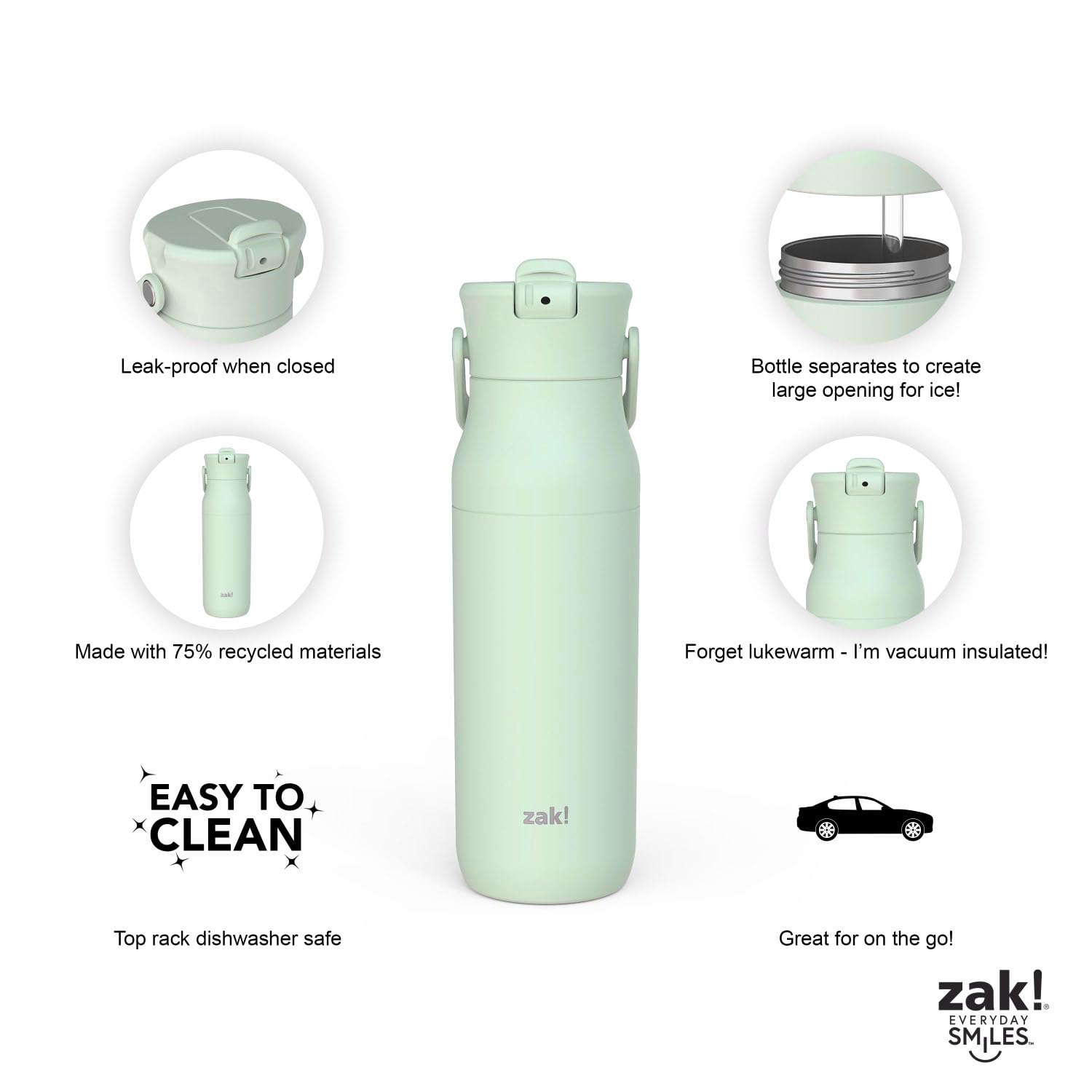 Zak Designs Harmony Water Bottle For Travel Or At Home, 32Oz Recycled Stainless Steel Is Leak-Proof