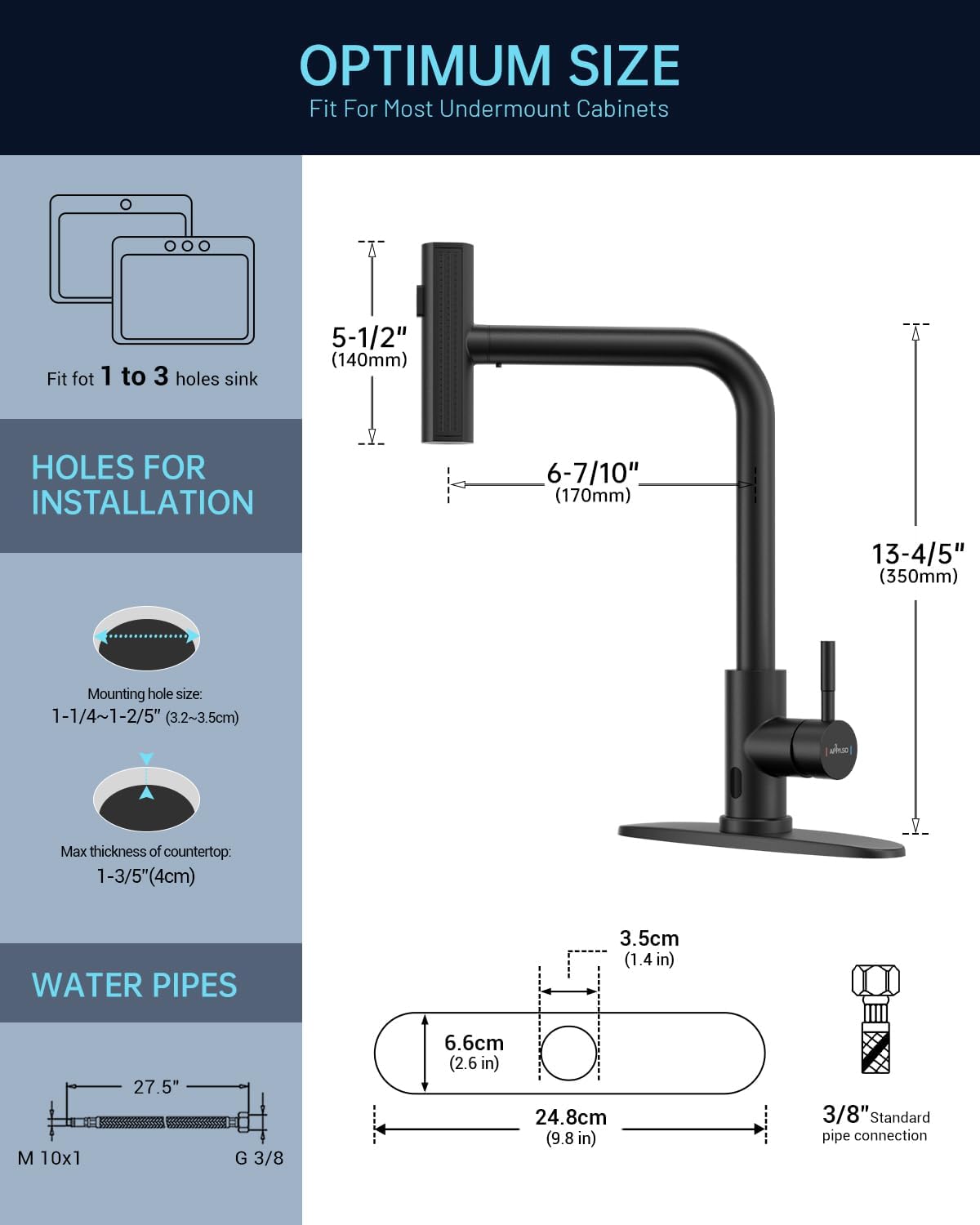 Appaso Touchless Kitchen Faucet With Pull Down Sprayer Matte Black, Waterfall Touchless Motion Sensor Hands-, Single Handle For 1 Or 3 Holes Sink, Stainless Faucet Black With Easy Installation