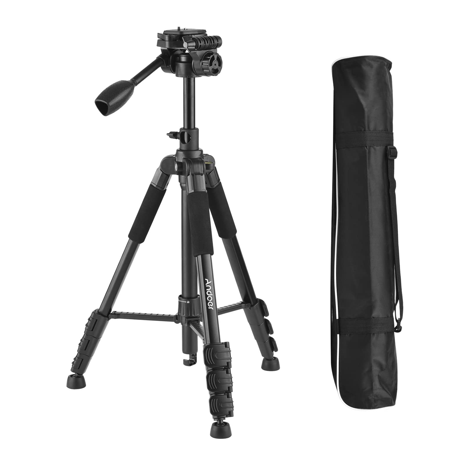 Andoer 157Cm/61.8Inch Portable Tripod Horizontal Camera Tripod Stand Aluminum Alloy 5Kg/11Lbs Load Capacity 1/4 Inch Screw Connection With Phone Clamp Carry Bag For Vlog Live Streaming Video Recording