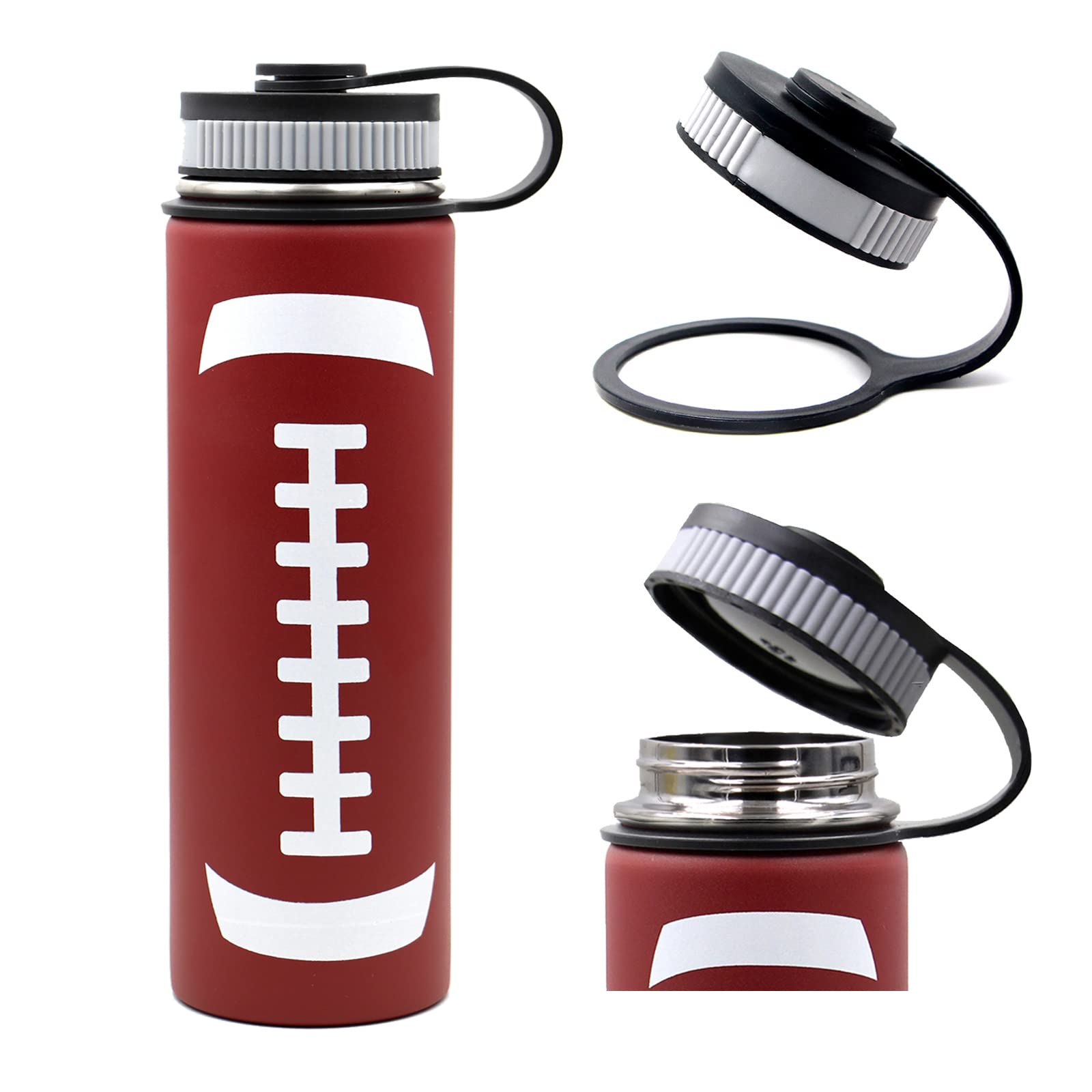 Football Water Bottle, Stainless Steel Thermo Flask With 2 Lids,- Double Wall Vacuum Leak