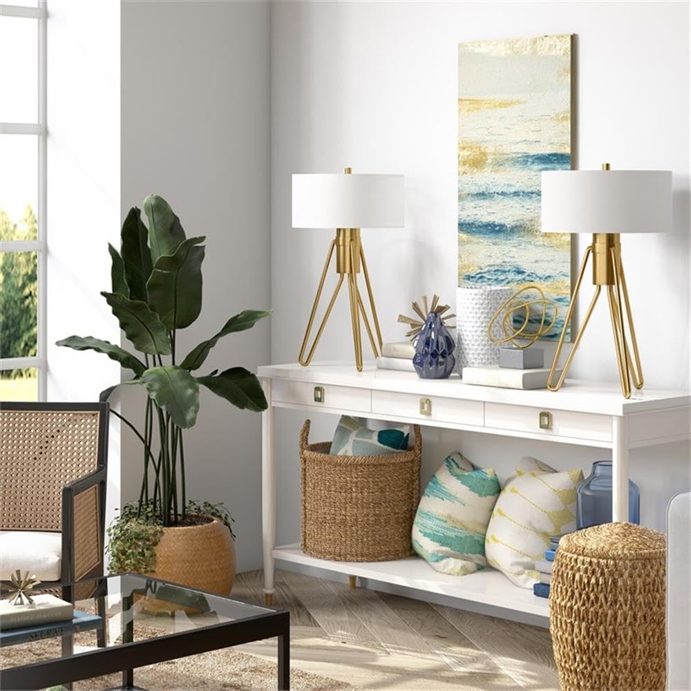 Henn&Hart Floyd 25" Tall 2-Light Table Lamp With Fabric Shade In Brass/White