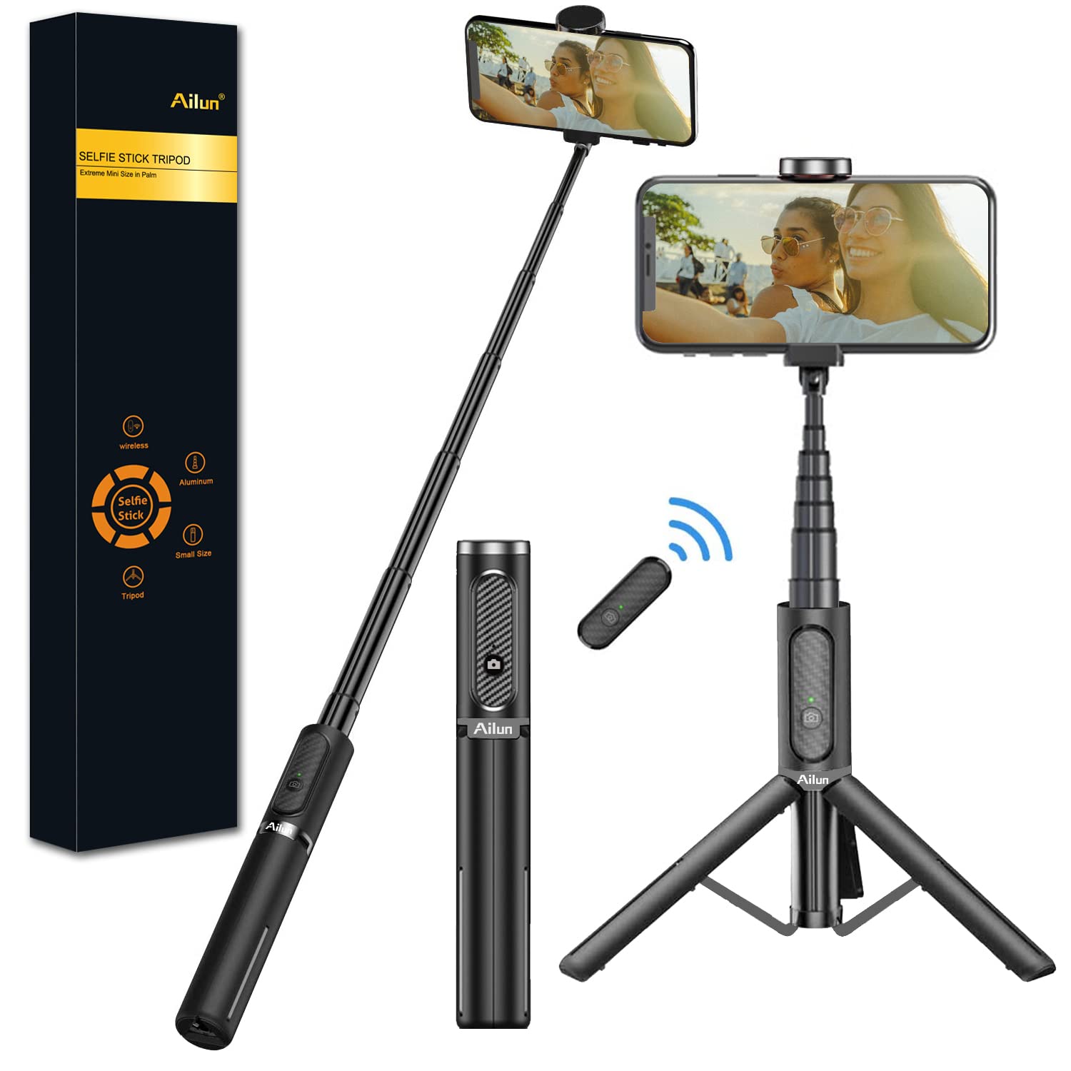 Ailun Selfie Stick Tripod,Extendable Aluminum,3 In 1,Bluetooth Wireless Remote And 360 Rotation Stand For Iphone 16/15/14/13/12/11/11 Pro/Xs Max/Xs/Xr/X/8/7 And More Smartphones