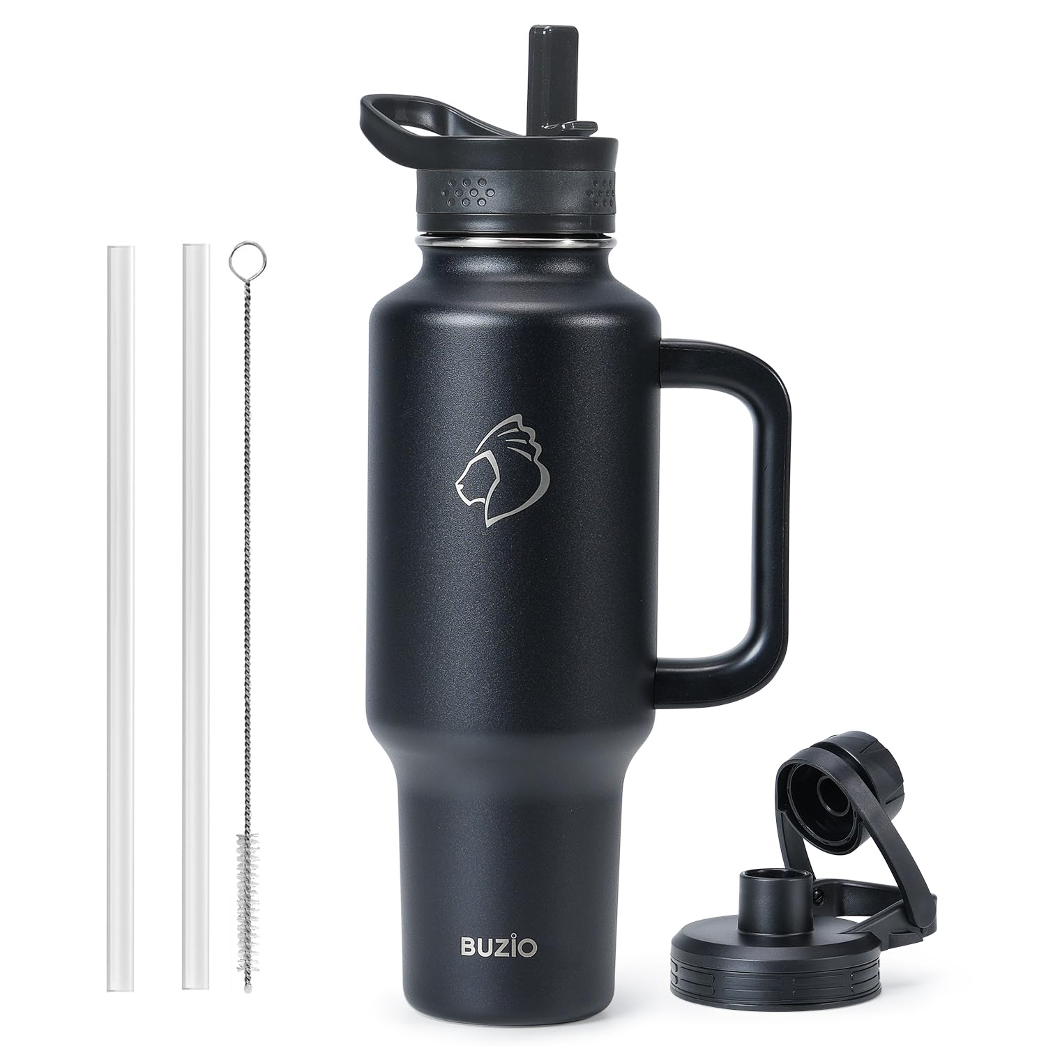 Buzio Insulated Water Bottle With Handle & Flip Straw, 40Oz Metal Travel Tumbler Fits In Cup Holder
