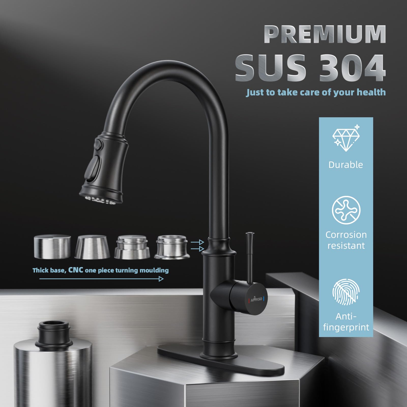 Appaso Black Kitchen Faucets, Kitchen Faucet With Pull Down Sprayer, Stainless Steel, Sink Faucet, Single Handle, High Arc,Pull Down Kitchen Faucet, Matte Black Faucet For Kitchen, Rv, Bar