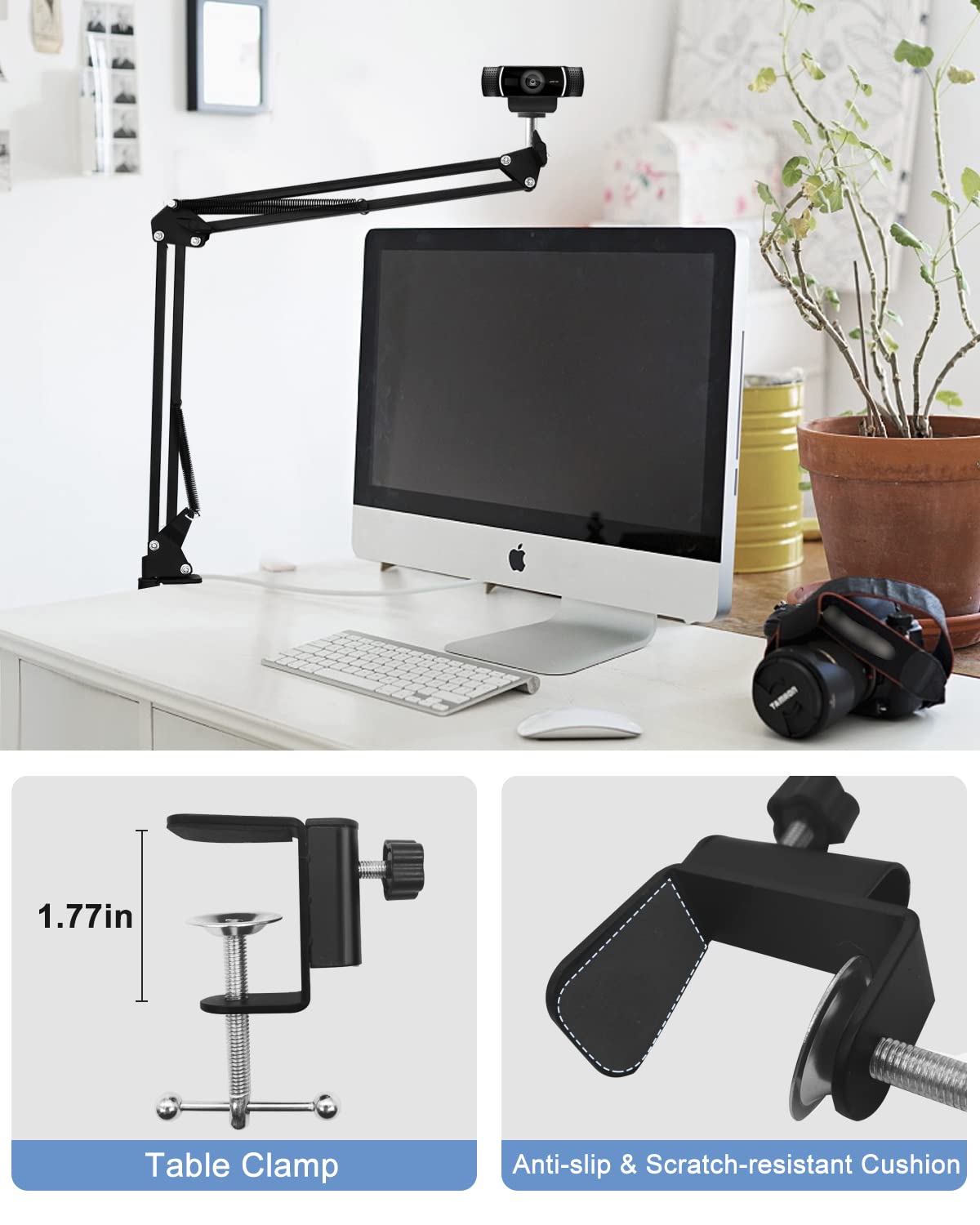 Boseen Webcam Stand Desk Mount - Suspension Boom Scissor Arm Webcam Holder With Desk Clamp Mount For Logitech Webcam C920 C922 C922X C920S C930E C930 C615 Brio 4K And Other Devices With 1/4" Thread