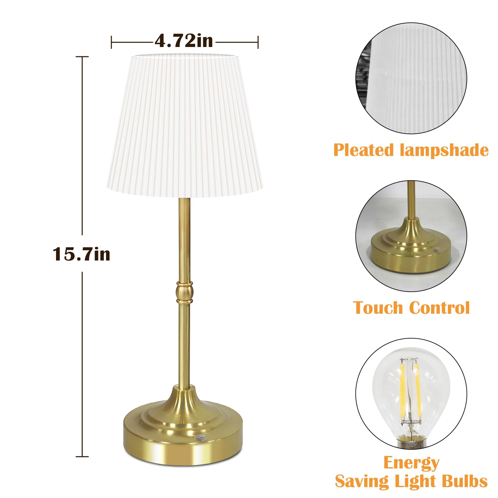 Aoteam Cordless Table Lamp For Bedroom, Touch Lamps For Nightstand With Pleated Shade, Led Bedside Lamp Rechargeable, 5500Mah, Stepless Dimming, Suitable For Living Rooms, Parties, Study Room