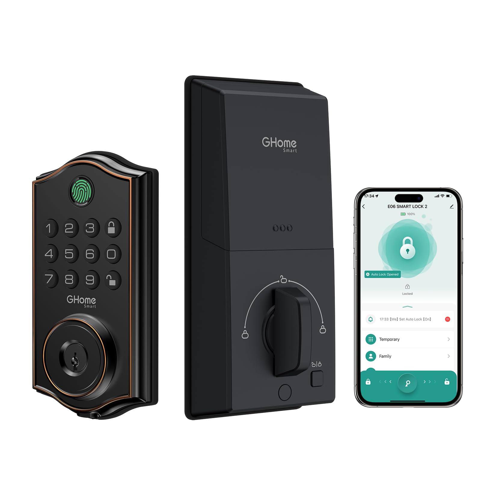 Ghome Smart Deadbolt Lock For Front Door – Fingerprint, App, Keypad & Key Entry, Auto-Lock, Easy Install Keyless Entry Security For Home/Apartment/Hotel/Garage (Black)