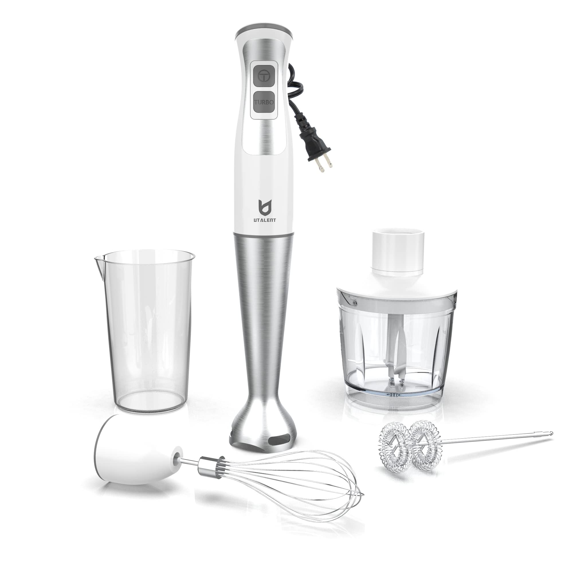Utalent Immersion Hand Blender, 5-In-1 8-Speed Immersion Blender With 500Ml Food Grinder, 600Ml Container,Milk Frother,Egg Whisk,Puree Infant Food, Smoothies, Sauces And Soups White