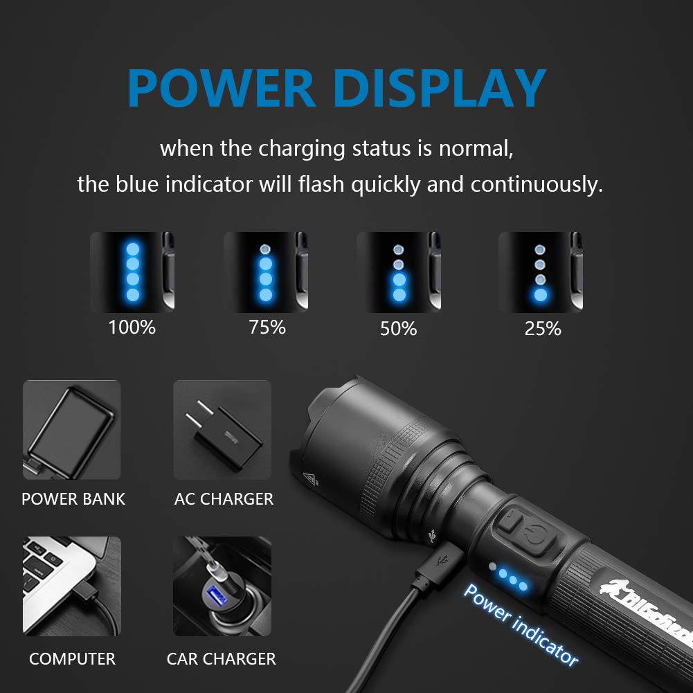 Bigcheck Flashlights High Lumens,Emergency Sos Flashlight Double Button, High/Medium/Low/Strobe/Sos,4X Zoomable Ip67 Waterproof Long Lasting Battery Powerful Rechargeable Flashlights【 Version