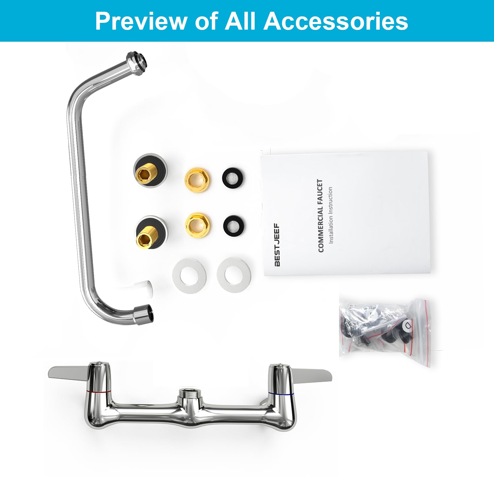 Bestjeef Wall Mount Faucet For Kitchen Sink: 8 Inch Center Commercial Faucet With 14" Swivel Spout - Ideal For Industrial Restaurant 3 Compartment Sinks