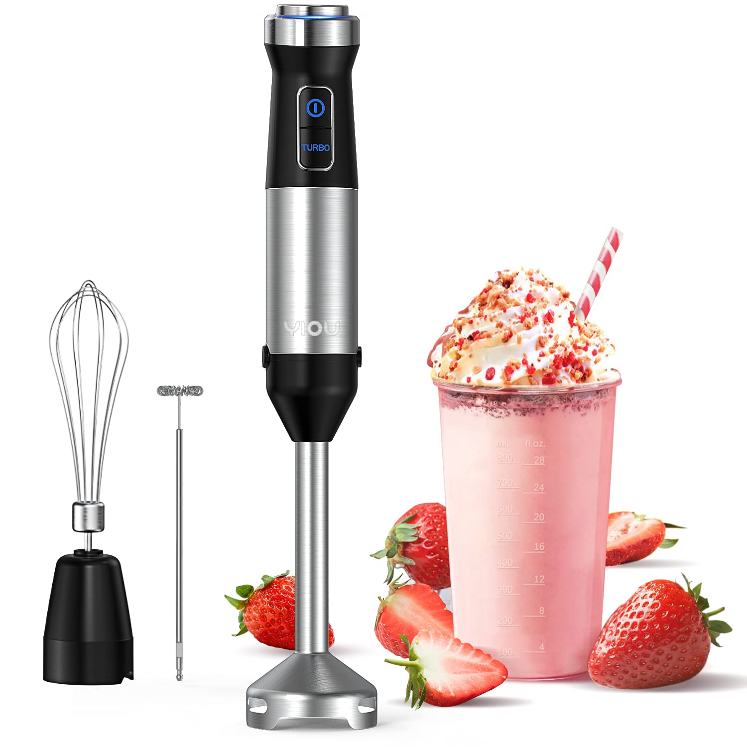 Yiou Immersion Blender, Ultra-Stick Hand Blender Variable Speed Hand Blender 500 Watt Heavy Duty Copper Motor Brushed 304 Stainless Steel For Soups Sauces And Smoothie, Set Black