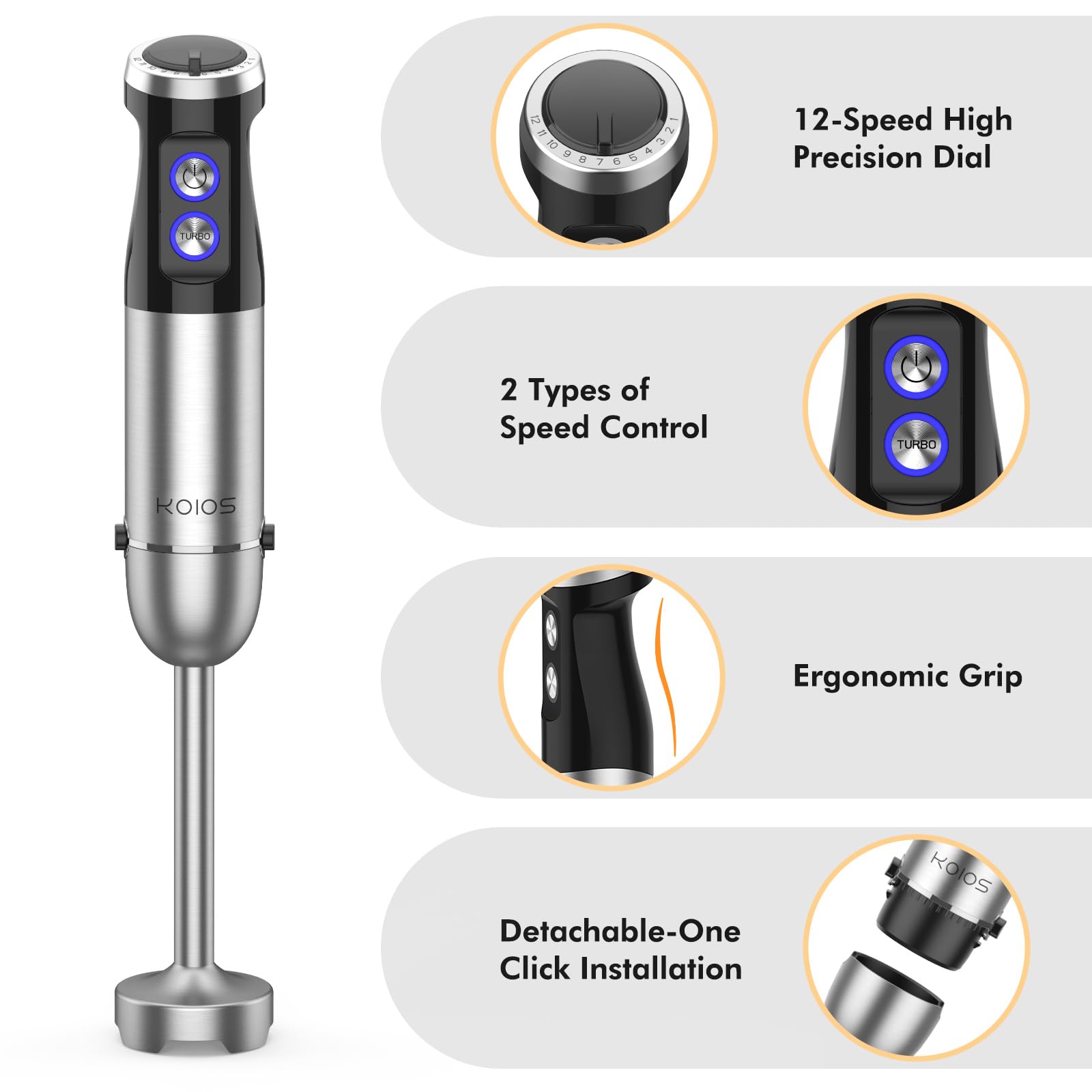 Koios 1000W Immersion Hand Blender, Upgrated 5-In-1 Handheld Blender, Full Copper Motor, Titanium Enhanced Blender Shaft, 12-Speeds, 600Ml Mixing Beaker, 500Ml Chopper, Whisk & Milk Frother