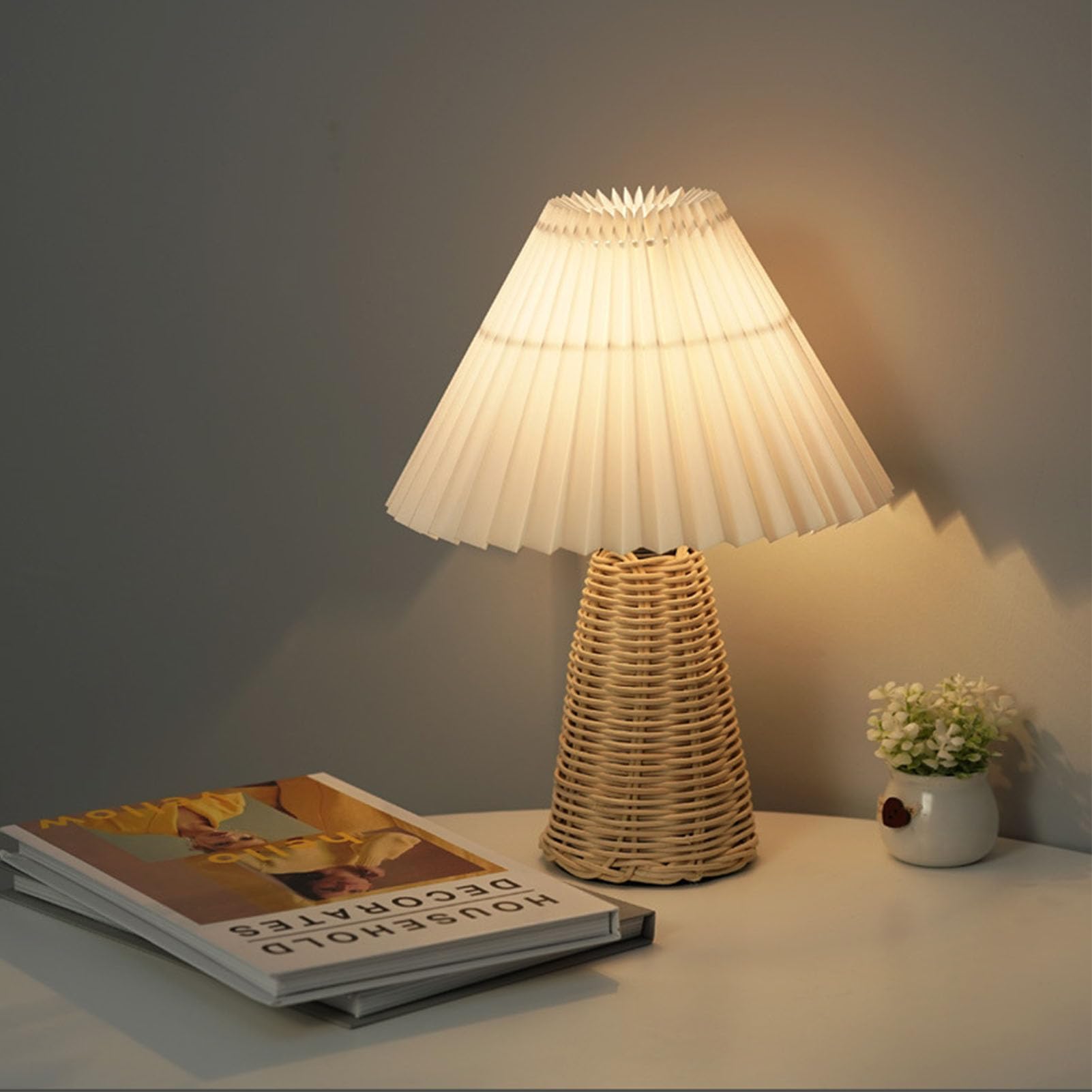 Tiiyee Pleated Table Lamp Bedside Night Lamp With Rattan Base Vintage Design Soft Warm Light For Bedroom Decor And Accent Lighting