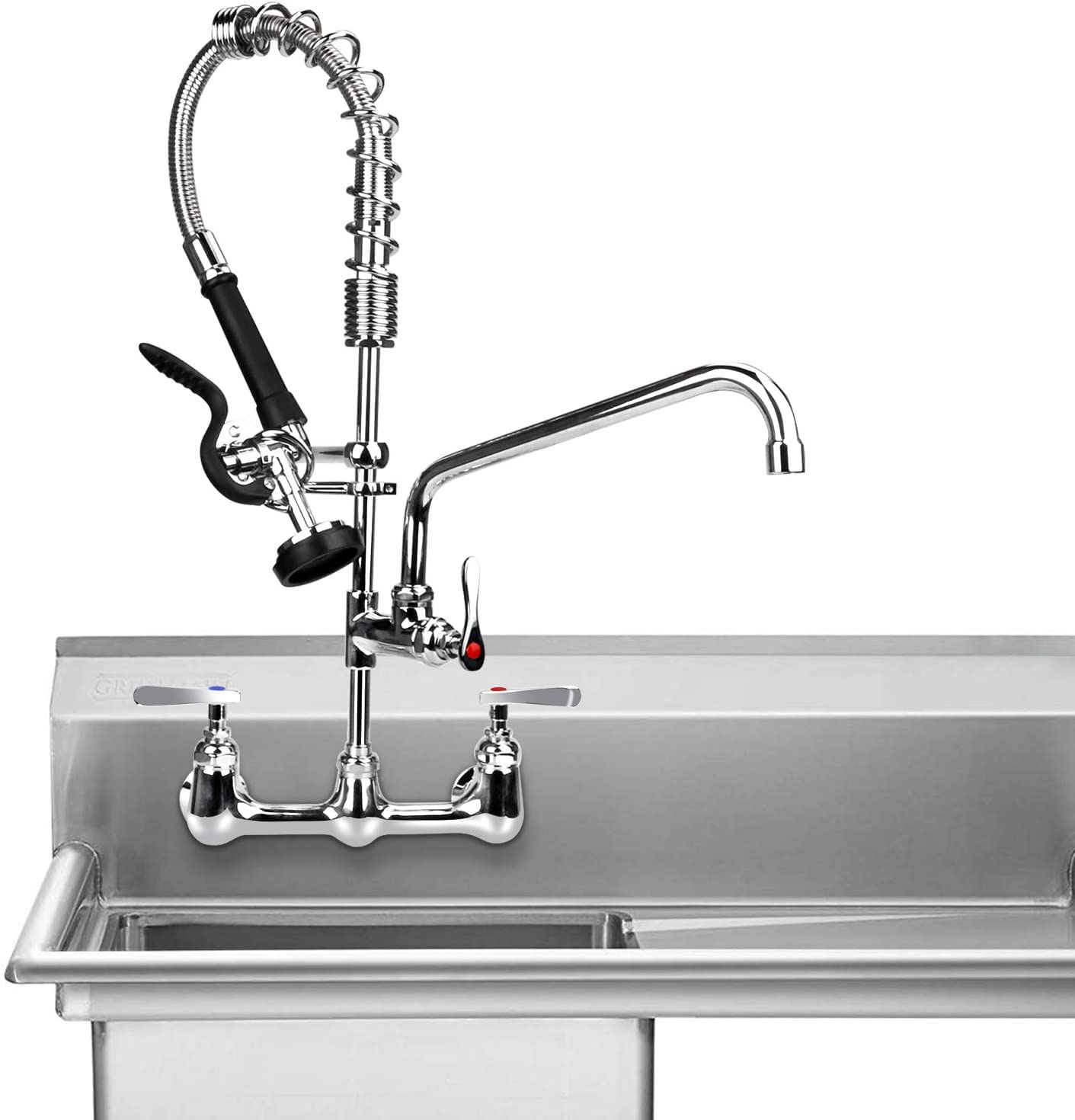 Kwode Commercial Sink Faucet With Pre-Rinse Sprayer 8 Inch Center Wall Mount Kitchen Faucet 25” Height Compartment Sink Faucet With 12” Swivel Spout For Restaurant Industrial, Brass Chrome Finish