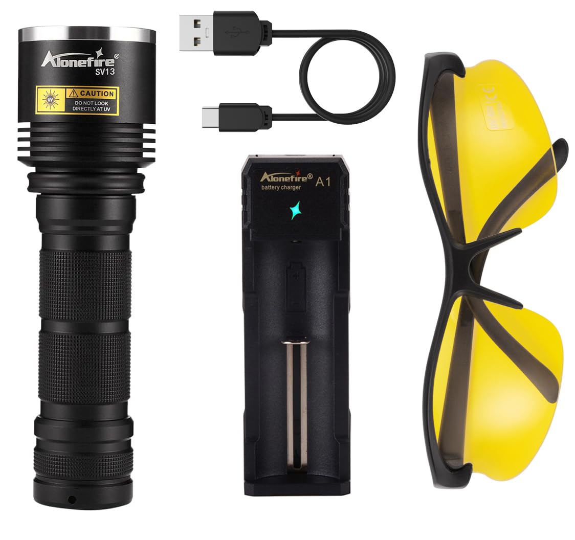 Alonefire Sv13 15W 365Nm Uv Flashlight Rechargeable Ultraviolet Woods Lamp Powerful Black Light For Pet Urine Detector, Resin, Bed Bug, Scorpion, Fishing With Uv Protective Glasses, Battery, Charger