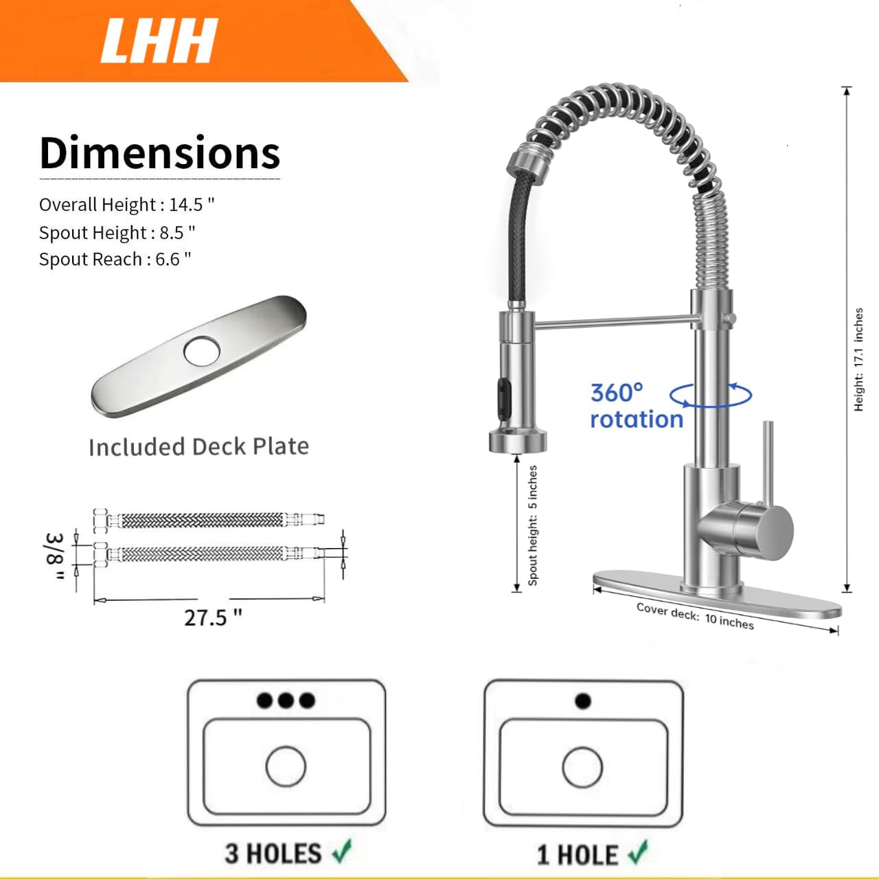 Lhh Kitchen Faucet With Pull Down Sprayer Stainless Steel Kitchen Faucets With Deck Suitable For Bar Laundry Utility Rv Farmhouse High Arc Single Handle Kitchen Sink Faucet. (Brushed Nickel)