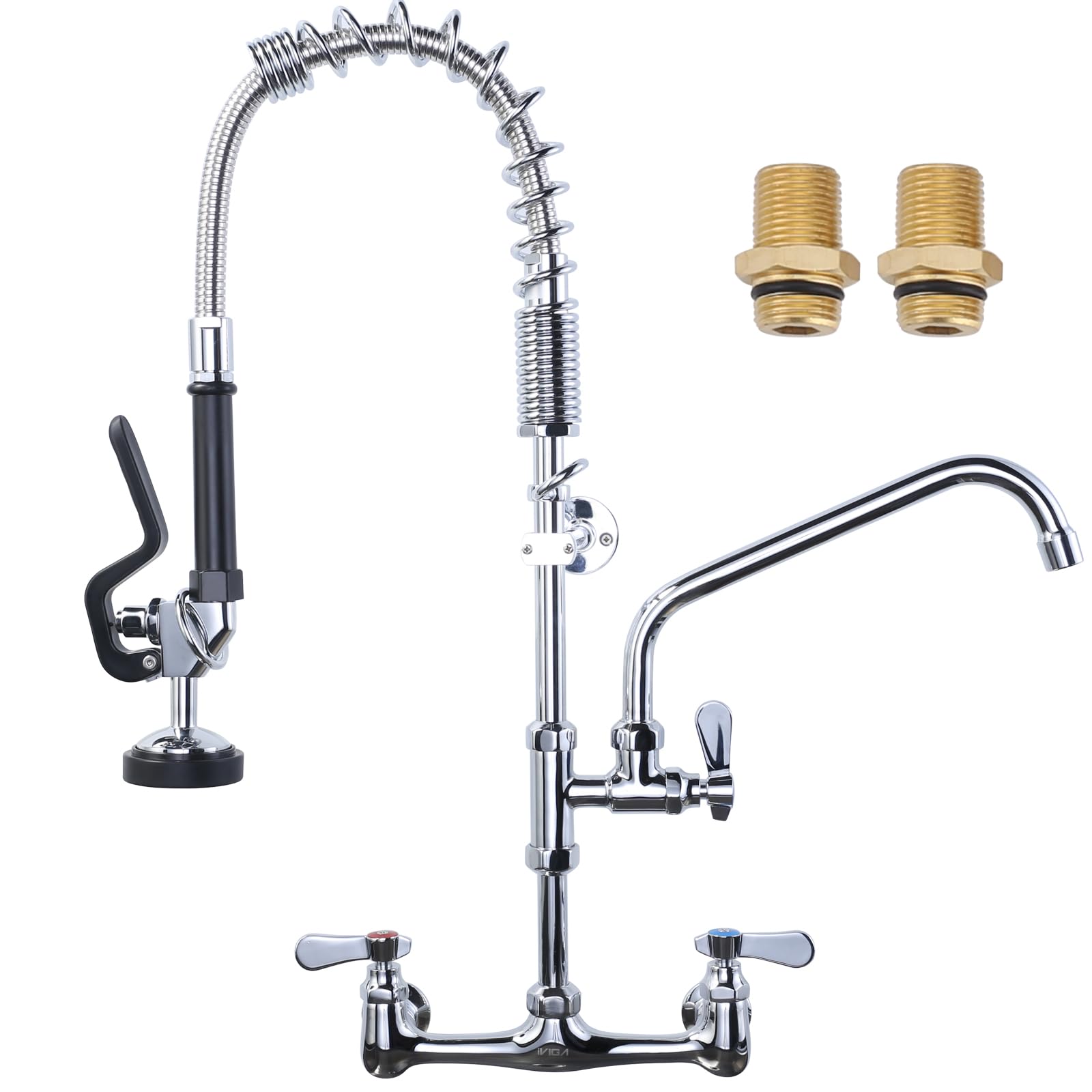 Aleasha 25" Height Commercial Faucet Wall Mount With Sprayer 8" Adjustable Center 9.6" Swing Spout, Kitchen Sink Faucet With Pull Down Pre-Rinse Sprayer For Restaurant Industrial Kitchen, Chrome