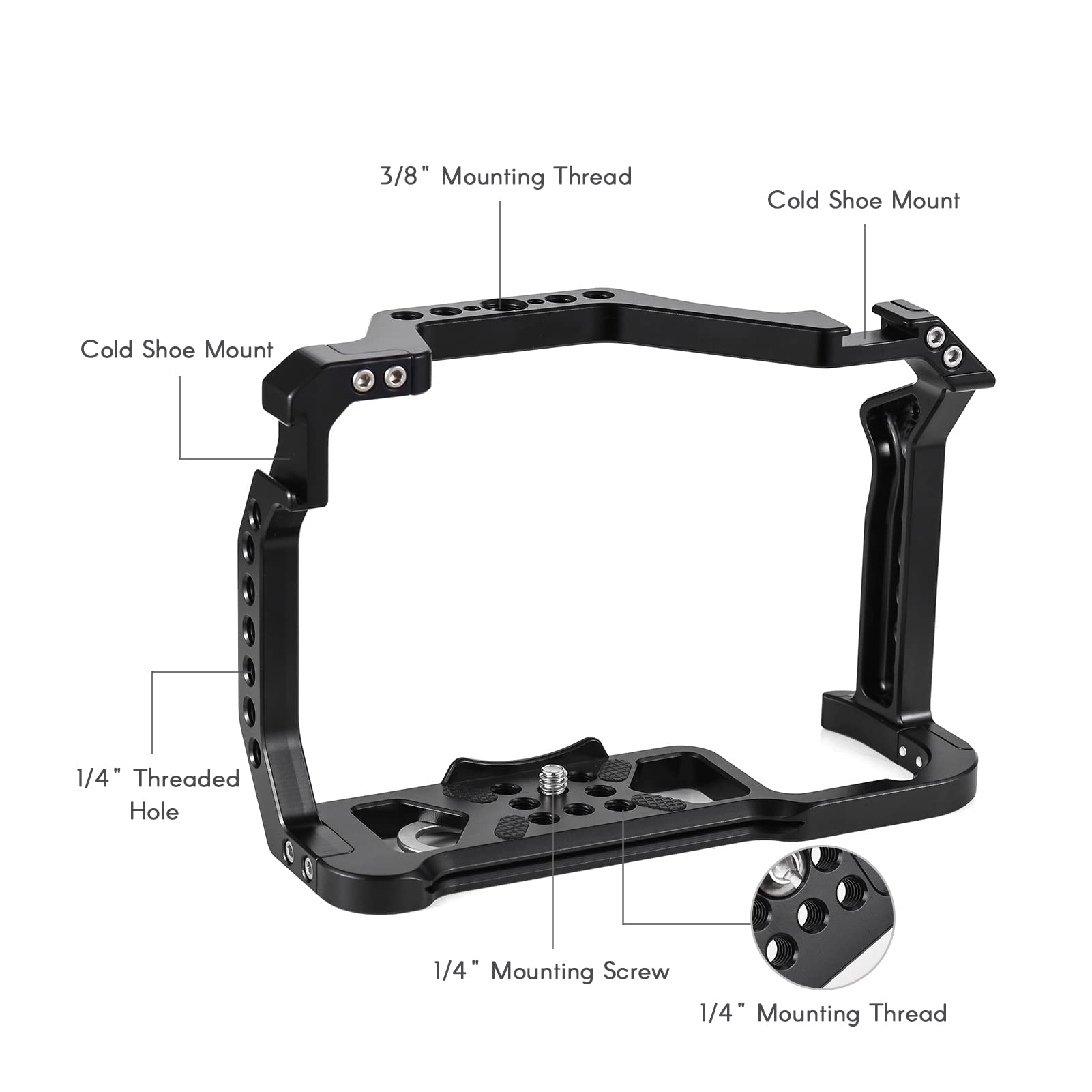 Andoer Camera Cage Aluminum Alloy Camera Video Cage With Dual Cold Shoe Mount Numerous 1/4 Inch & 3/8 Inch Threads Replacement For Canon R5/R6/R6 Ii