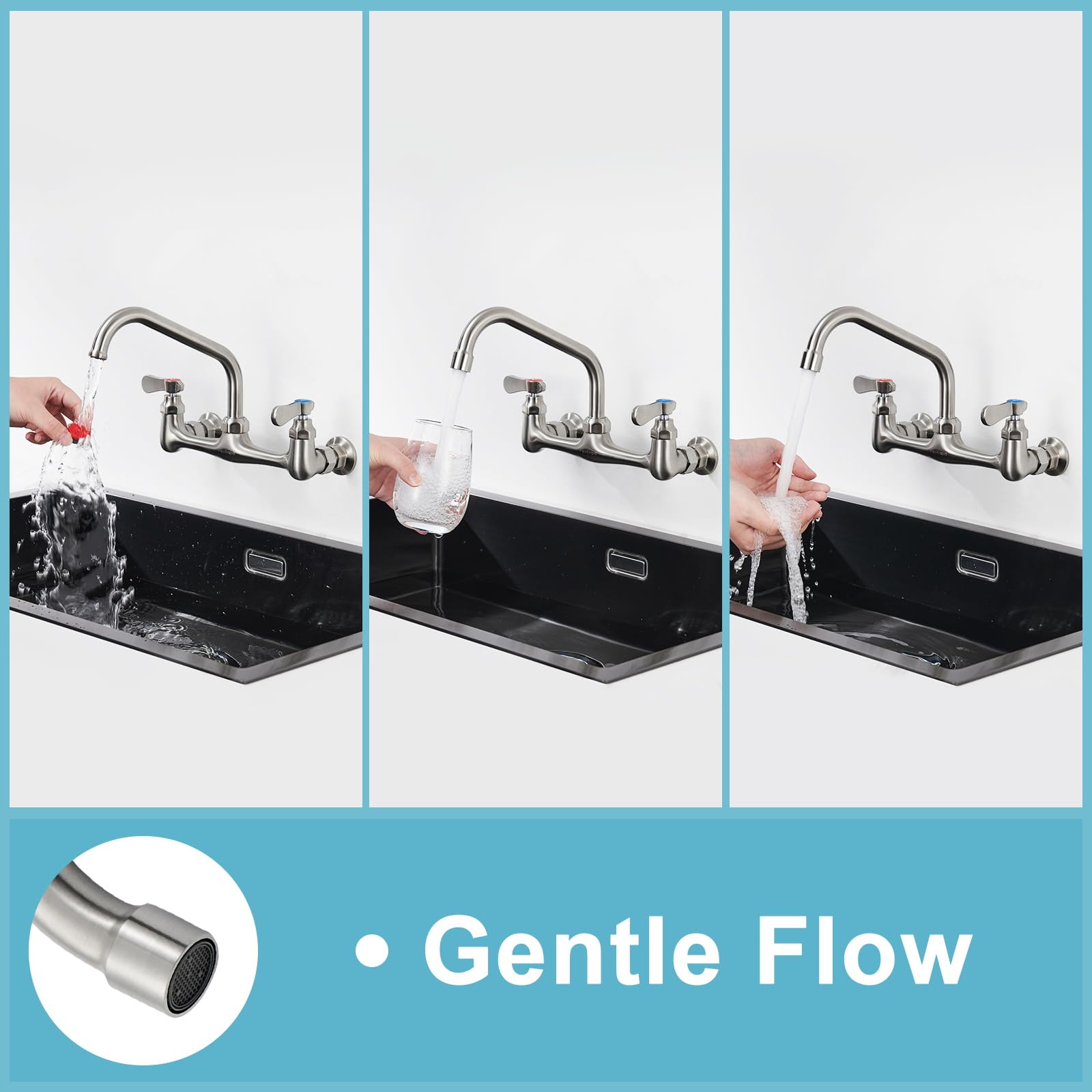 Favorpo Wall Mount Kitchen Sink Faucet 8 Inch Center Wall Mounted Commercial Faucet With 8 Inches Swivel Spout 2 Handle For Utility Laundry Room Restaurant Sink