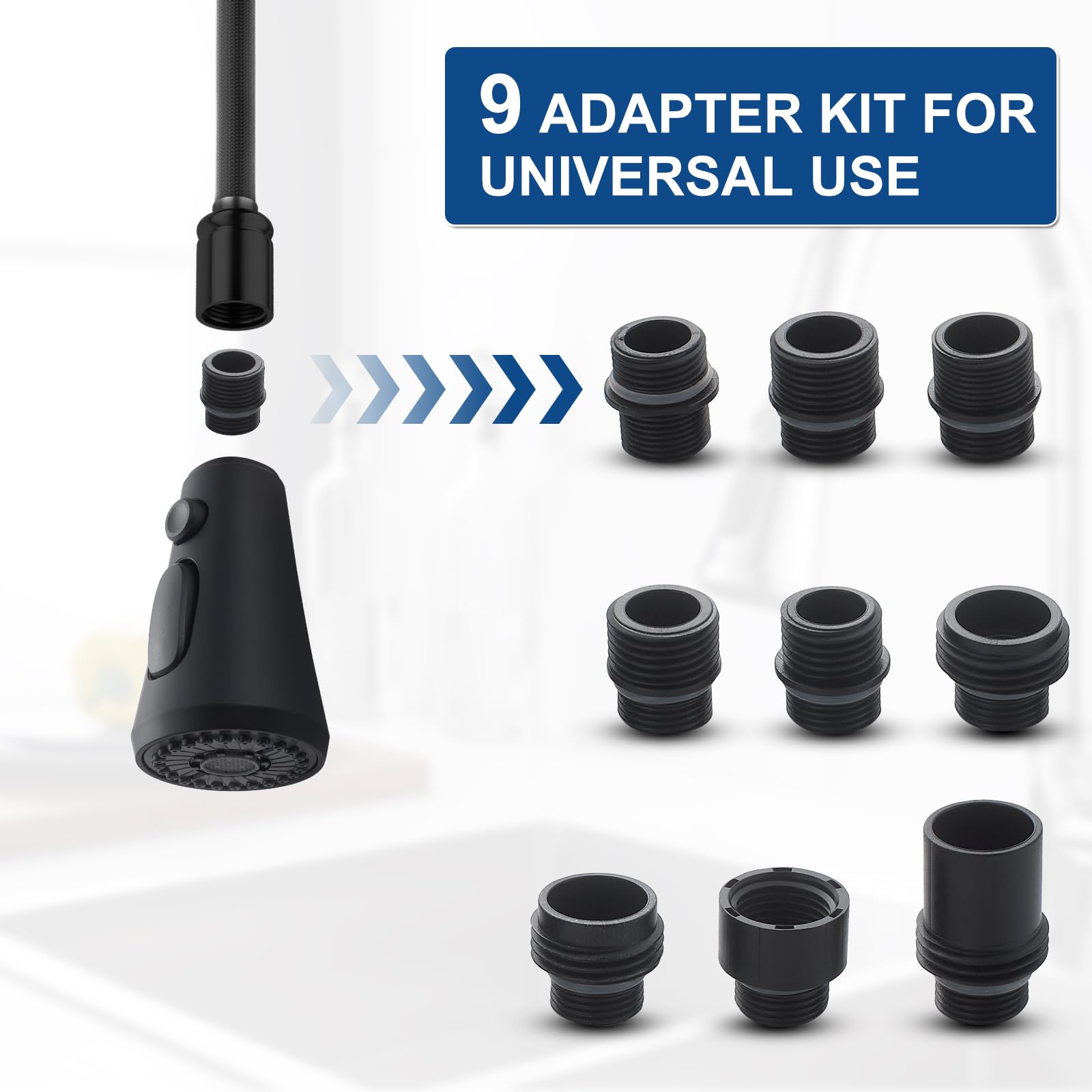 Qaoyede Pull Down Kitchen Faucet Head Replacement Parts,Sprayer Nozzle With 9 Adapters For Kitchen Sink Faucet, Stream Spray And Dual Waterfall Modes, Black