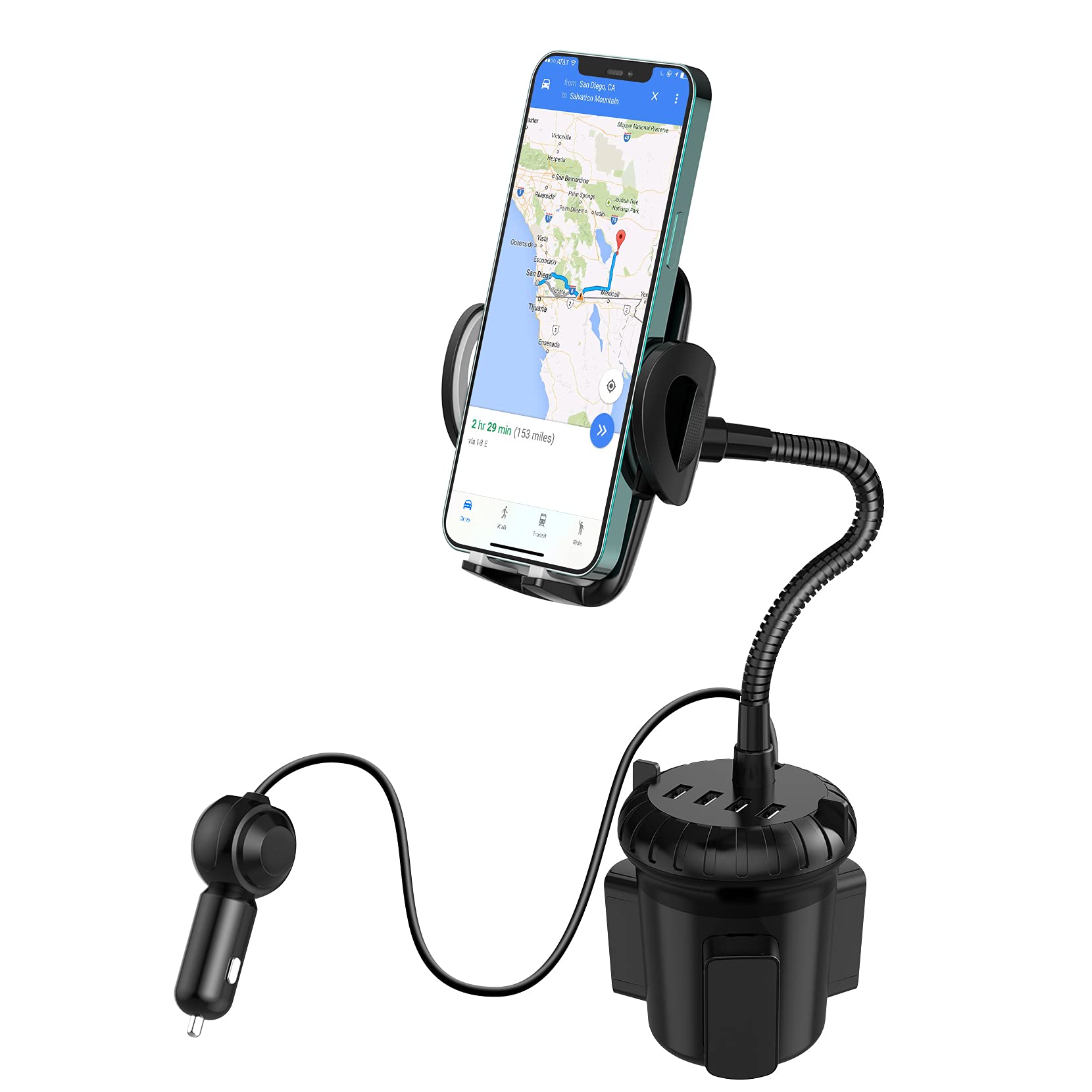 Utik 4-Port Usb Car Charger With Cup Holder Phone Mount, Rapid Multi Port Charger, Adjustable Gooseneck Rotatable Holder For Smartphones