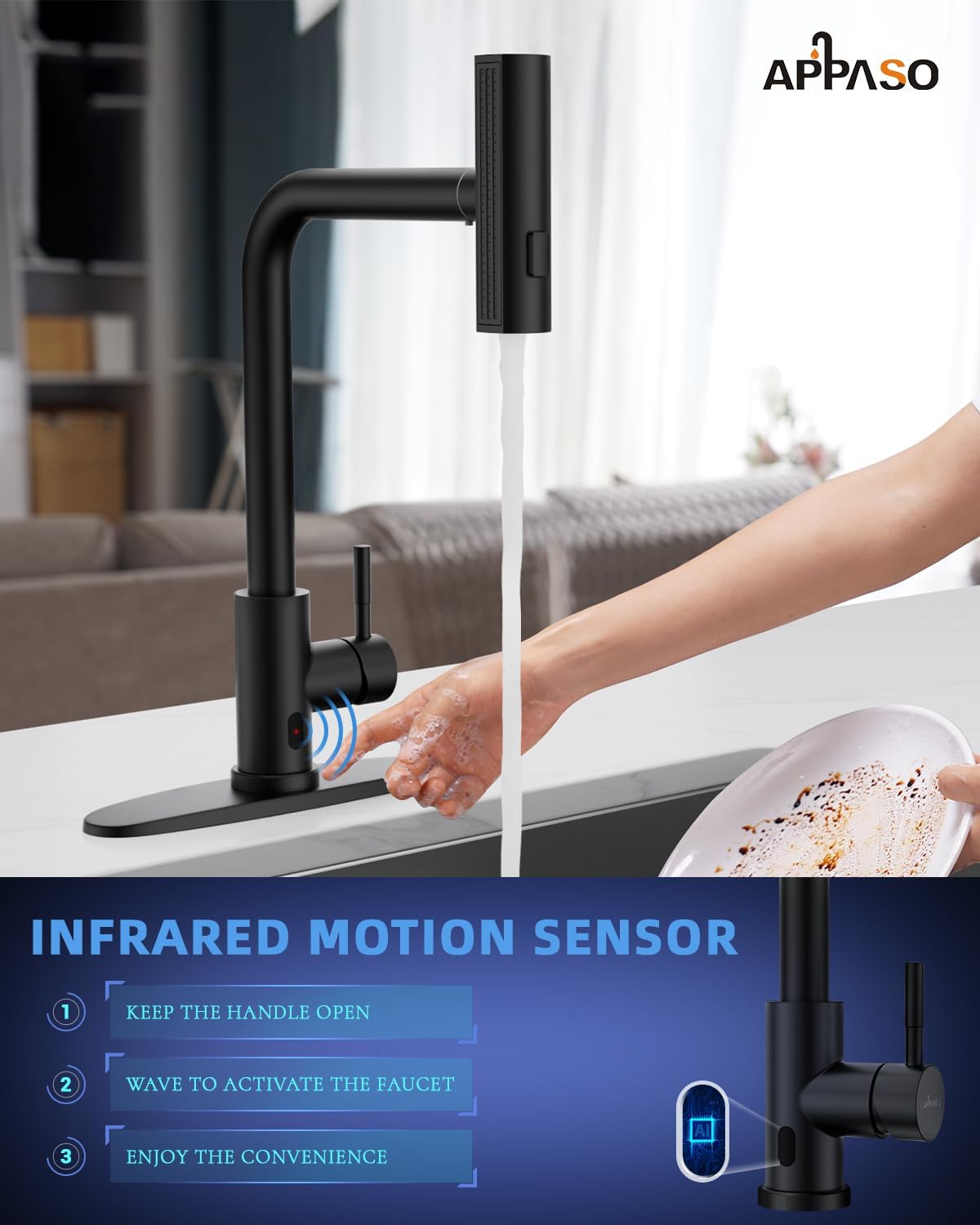 Appaso Touchless Kitchen Faucet With Pull Down Sprayer Matte Black, Waterfall Touchless Motion Sensor Hands-, Single Handle For 1 Or 3 Holes Sink, Stainless Faucet Black With Easy Installation