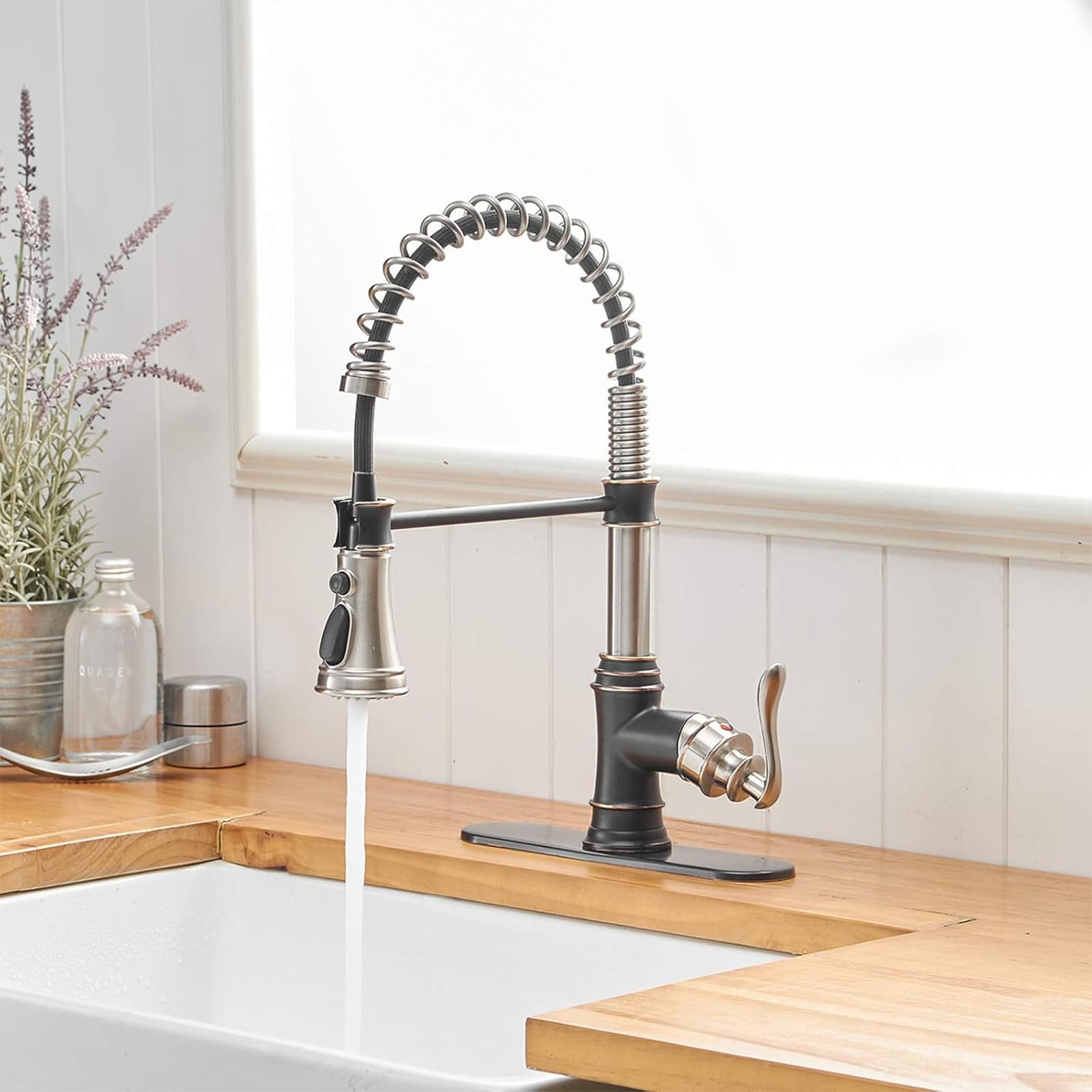 Bwe Kitchen Sink Faucet Pull Down Sprayer Spring 3 Function Kitchen Faucet High Arc Farmhouse Commercial Bar Kitchen Faucets Brushed Nickel With Oil Rubbed Bronze