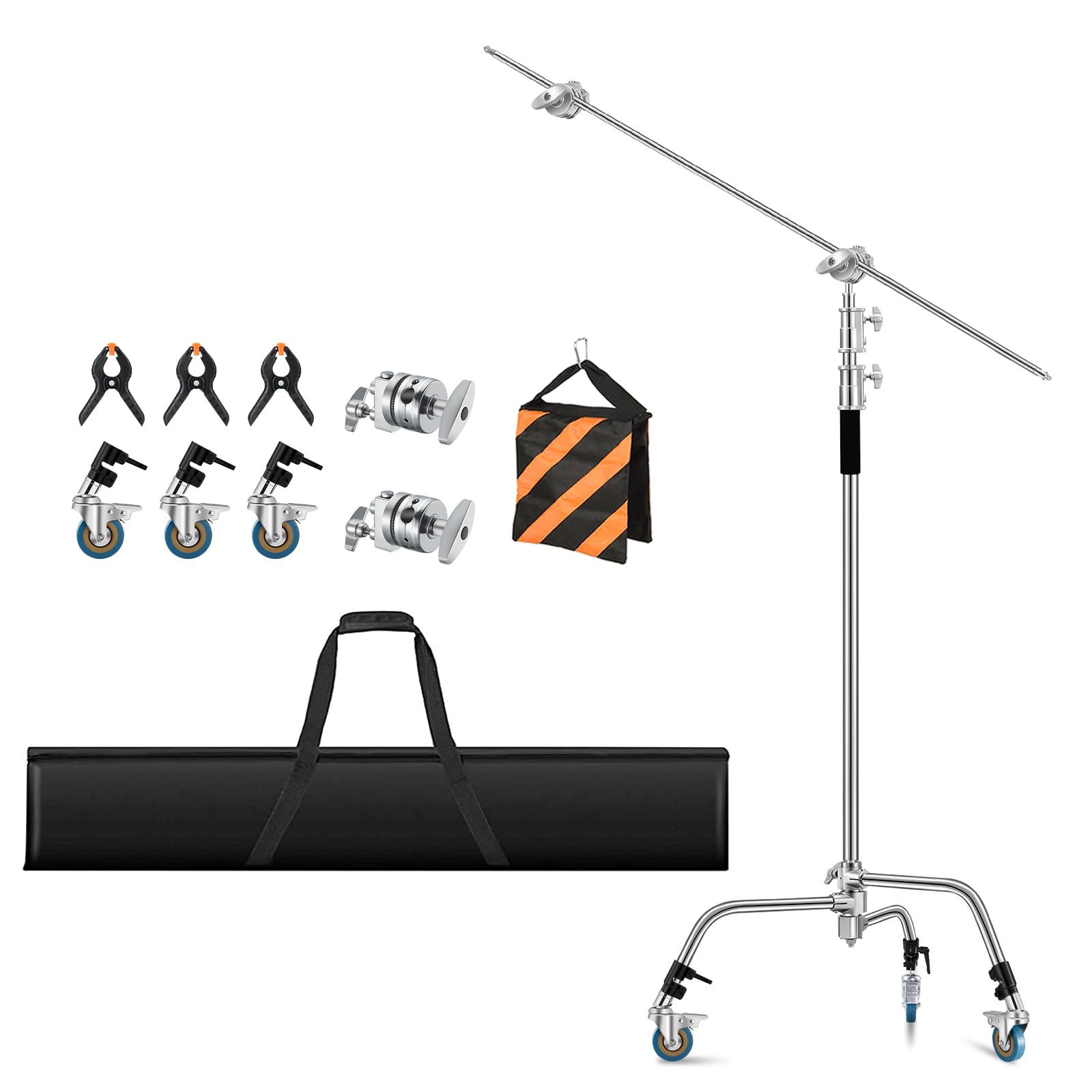 Soonpho Heavy Duty C Stand 11.3Ft/345Cm Light Stand With 4.2Ft/128Cm Boom Arm Wheels Sturdy Stainless Steel Century Stand For Photography Studio Video Reflector, Umbrella, Softbox And Monolight
