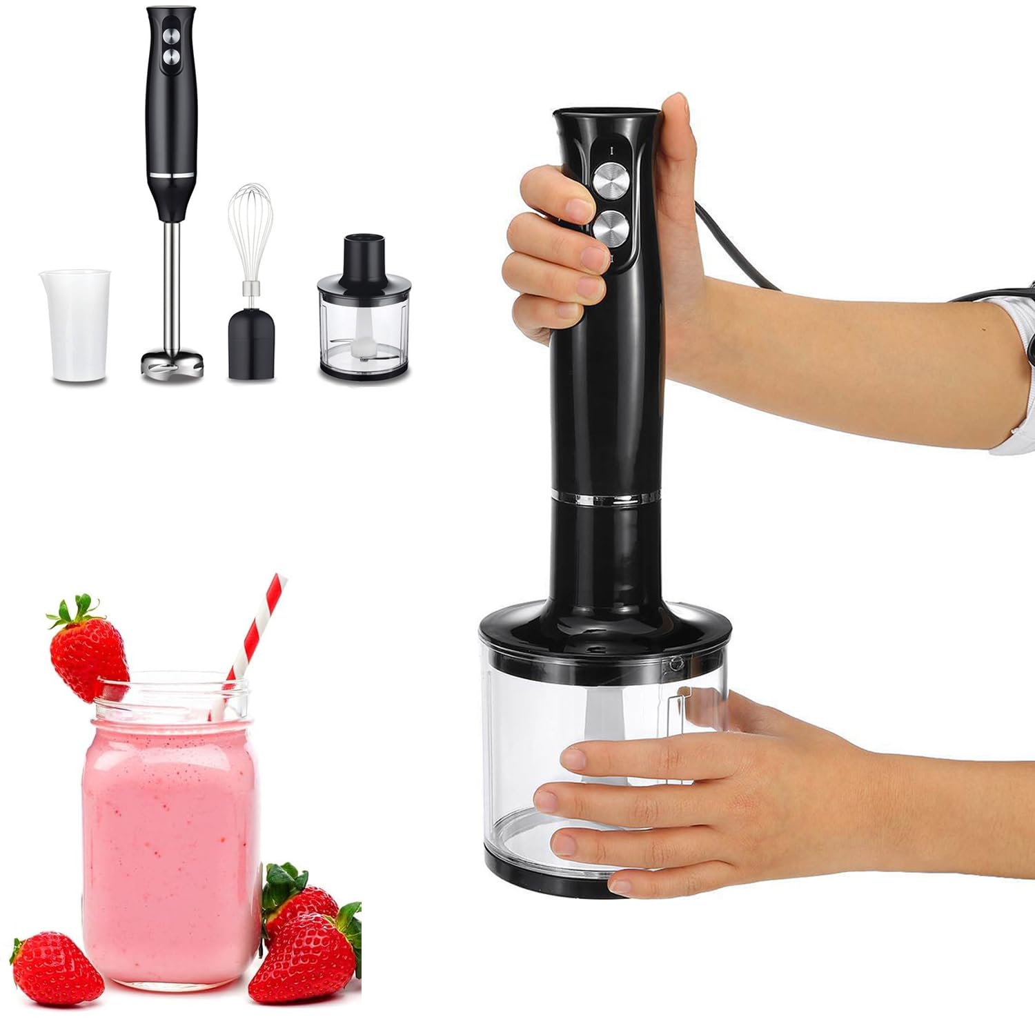 Liulikj Food Blender, 4-In-1 Household Handheld Food Cooking Stick With Ground Meat Cup, Low And High Speed Setting Suitable For Home Kitchens To Prepare Children'S Food, Soups And Sauces