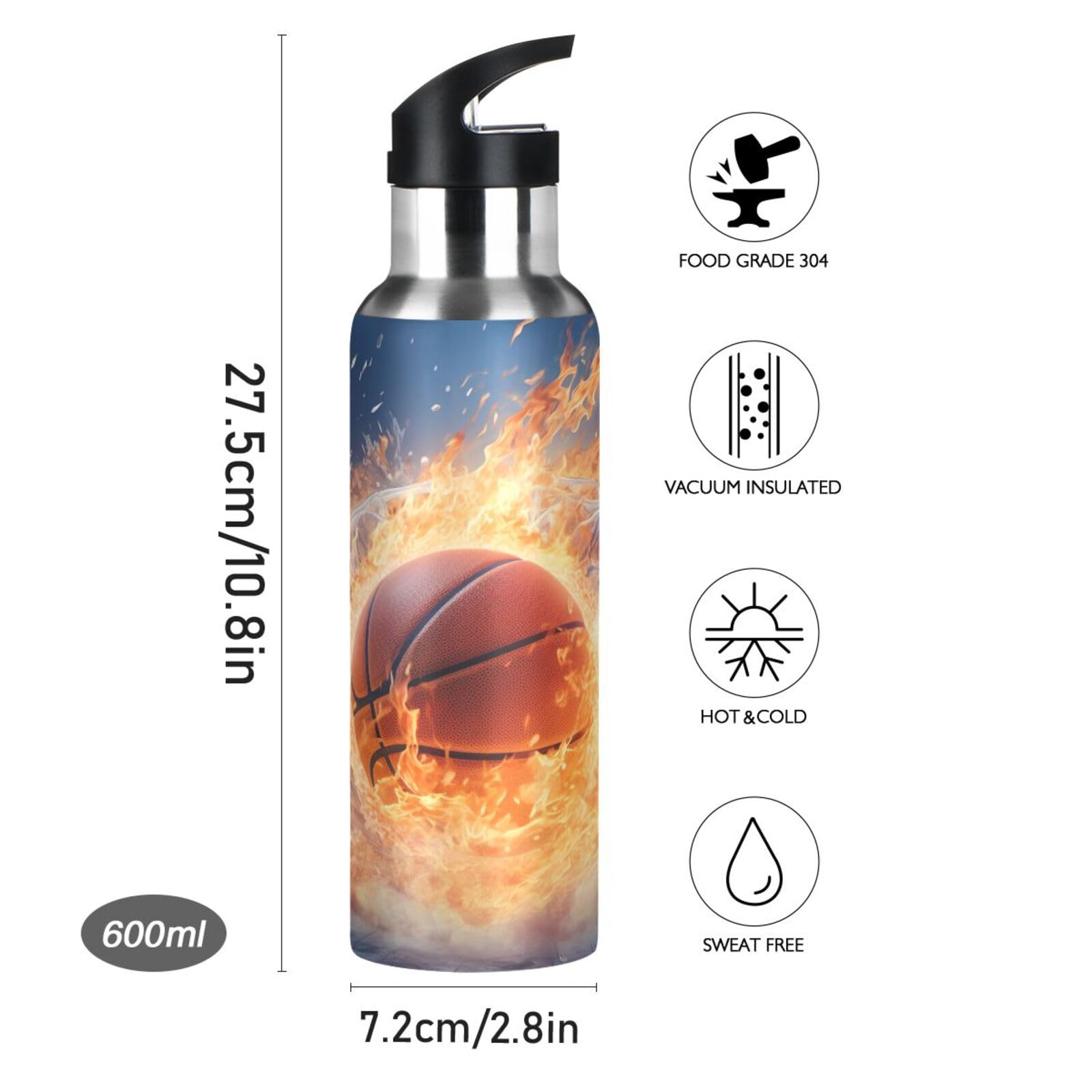 Water Bottle With Straw Lid Leak Basketball With Snow And Fire Stainless Steel Metal Double Wall