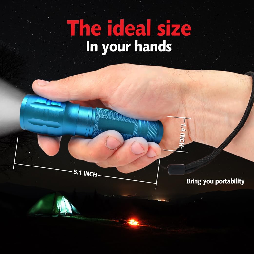 Kunhe 140 Lumen 2 Pack Led Portable Handheld Flashlight 3 Modes Zoomable High Bright Waterproof Pocket Small Flashlight For Emergency And Outdoor Use Camping Accessories With 6 Aaa Batteries Blue